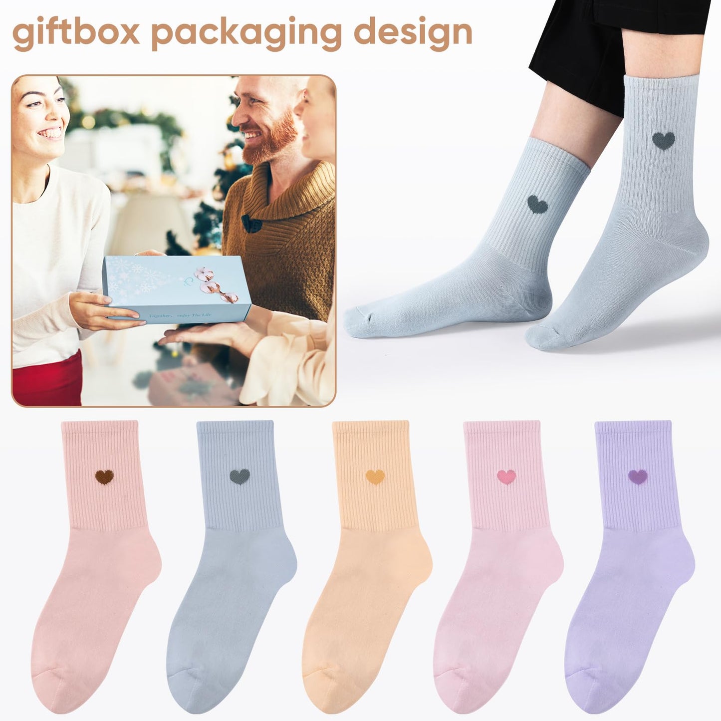 Corlap Women's Crew Calf Cotton Socks Long Fun Cute Heart Soft Dress Socks,Above Ankle High Casual Socks(5Pairs Gifts Box)