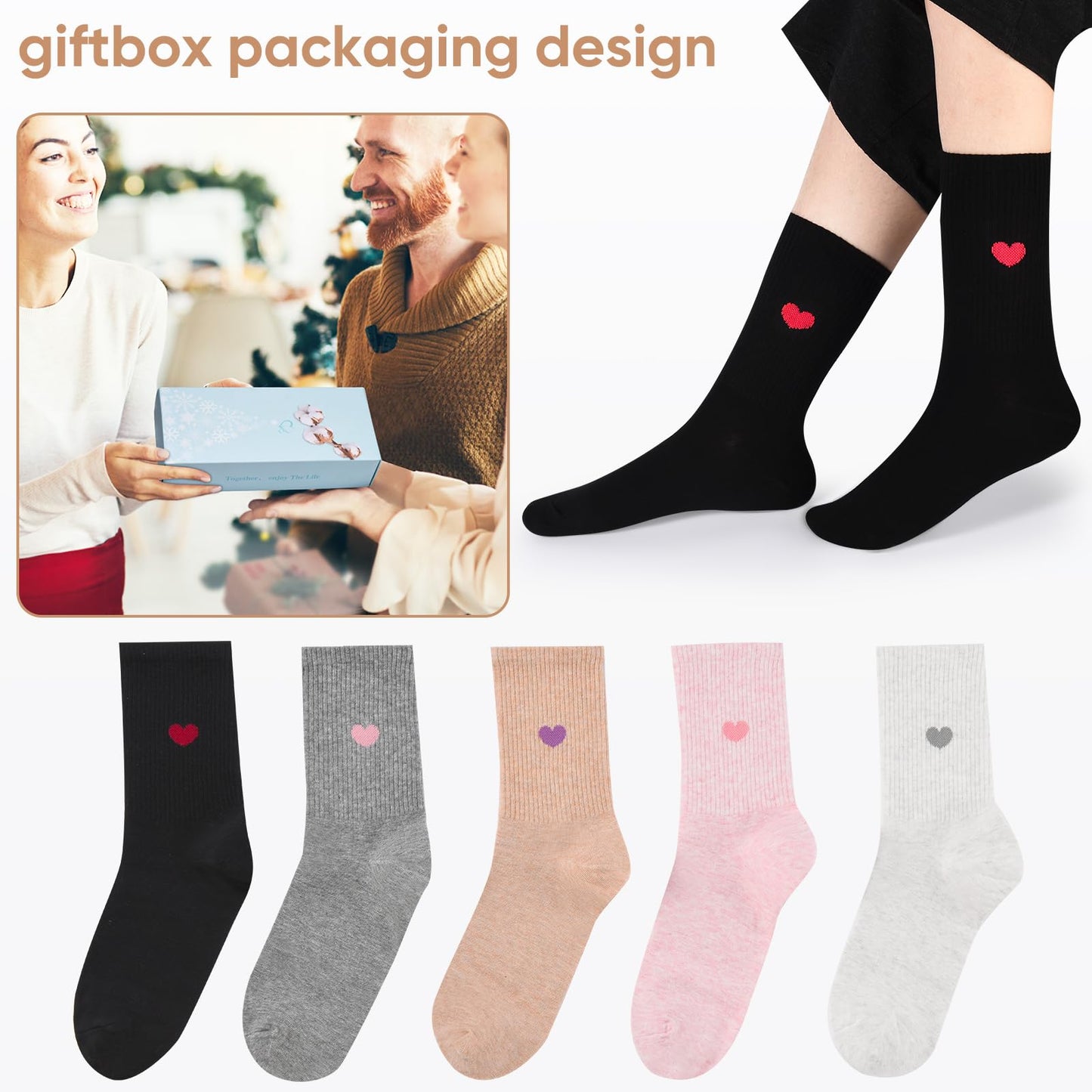 Corlap Women's Crew Calf Cotton Socks Long Fun Cute Heart Soft Dress Socks,Above Ankle High Casual Socks(5Pairs Gifts Box)