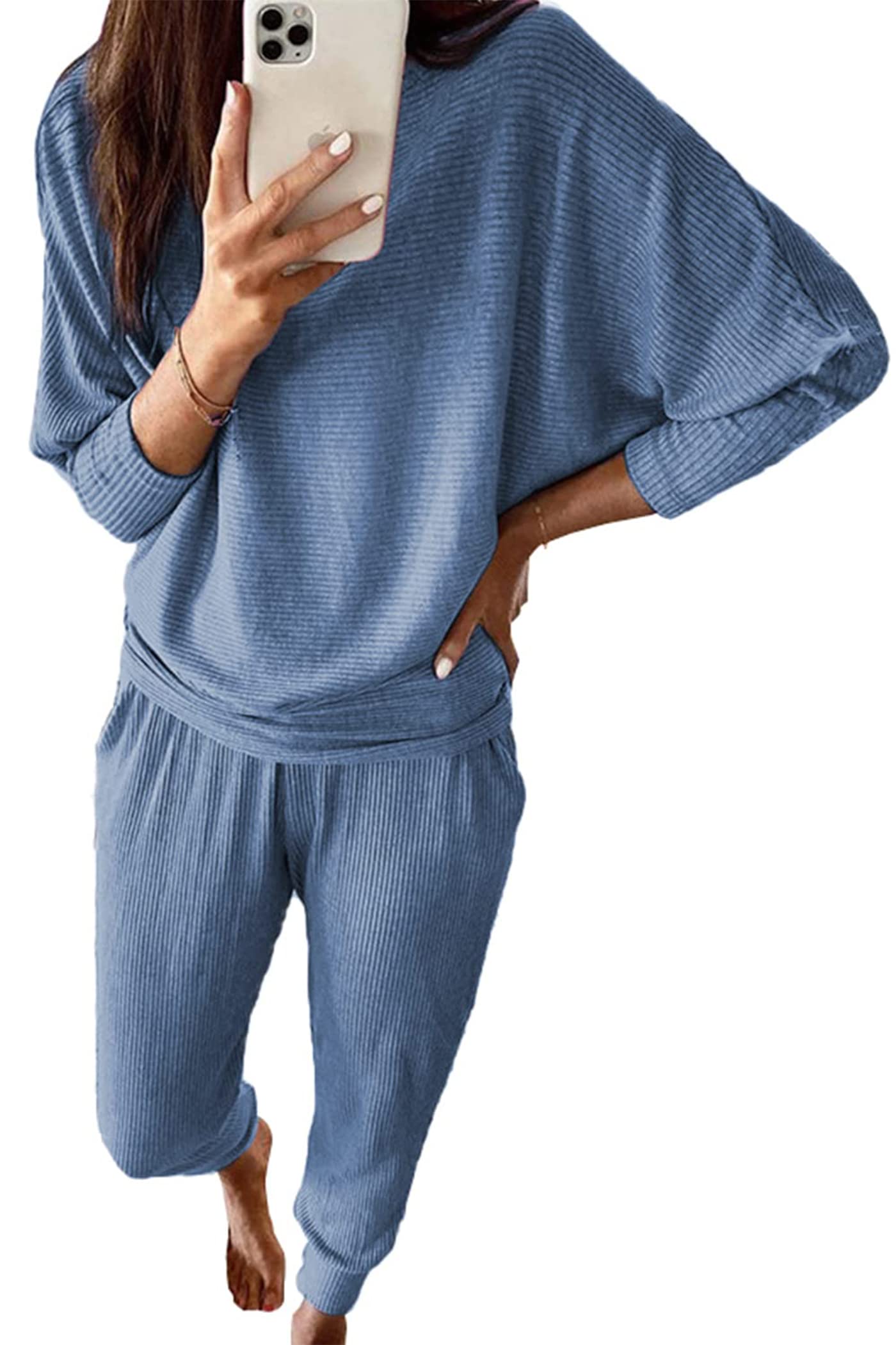 PRETTYGARDEN Women's Fall Fashion Outfits 2 Piece Sweatsuit Solid Color Long Sleeve Pullover Long Pants Lounge Set