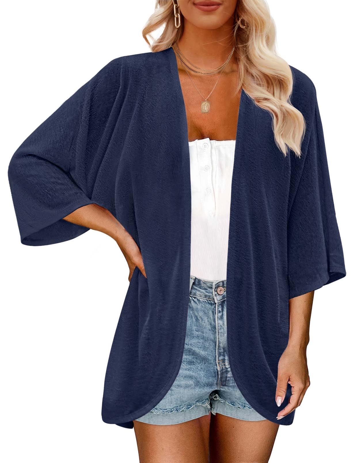 MEROKEETY Women's Lightweight Cardigan Kimono Short Sleeve Open Front Casual Loose Beach Cover Ups