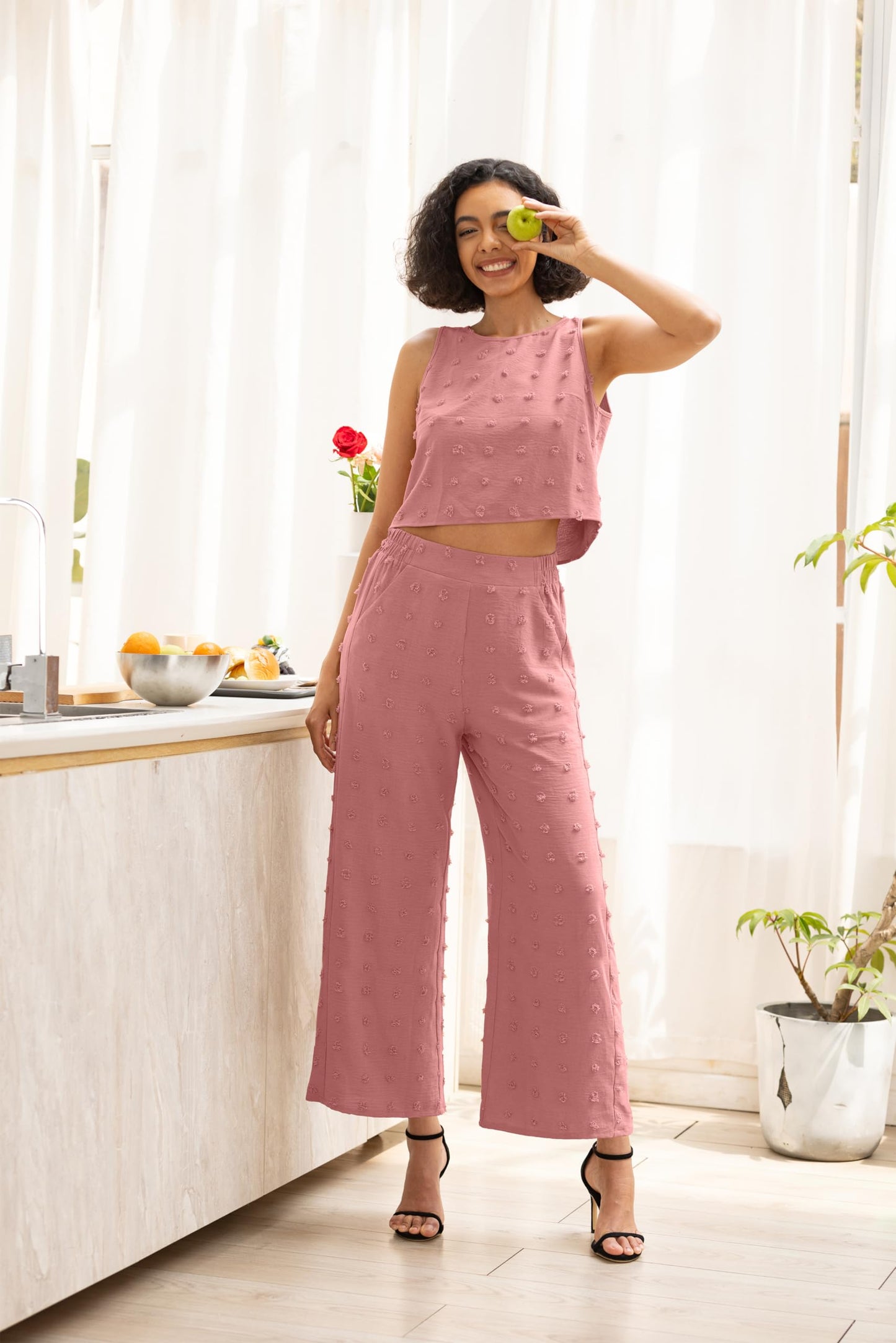 IWOLLENCE Women's Summer 2 Piece Outfits Set Round neck Sleeveless Tank Crop Top Wide Leg pants Set Pockets Jumpsuits