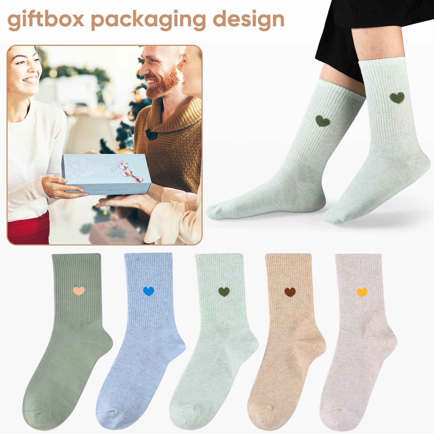 Corlap Women's Crew Calf Cotton Socks Long Fun Cute Heart Soft Dress Socks,Above Ankle High Casual Socks(5Pairs Gifts Box)