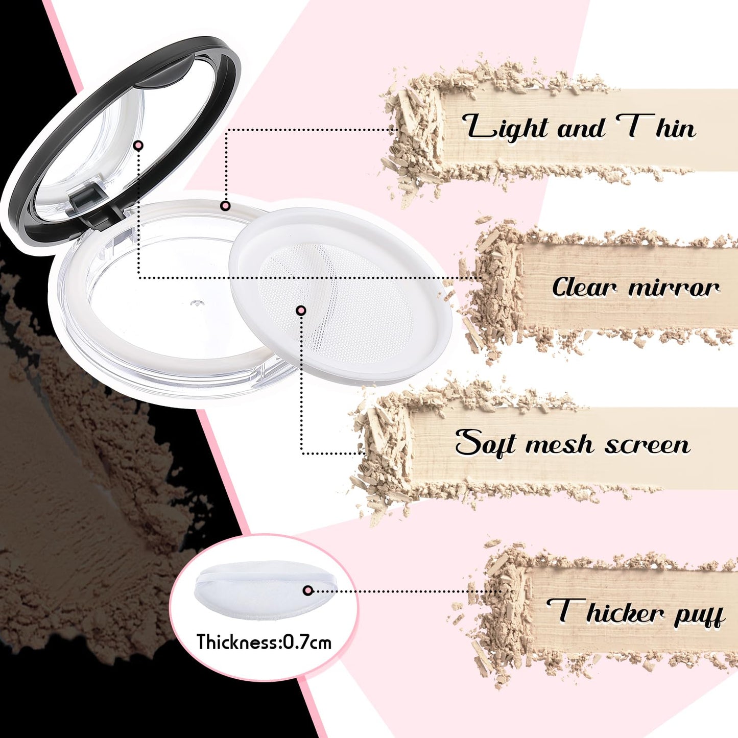 Cunhill 2 Pcs Loose Powder Container with Puff 0.17/0.7 oz Reusable Plastic Empty Powder Case Portable DIY Empty Makeup Powder Container with Mirror and Net Sifter(Pink, Silver)