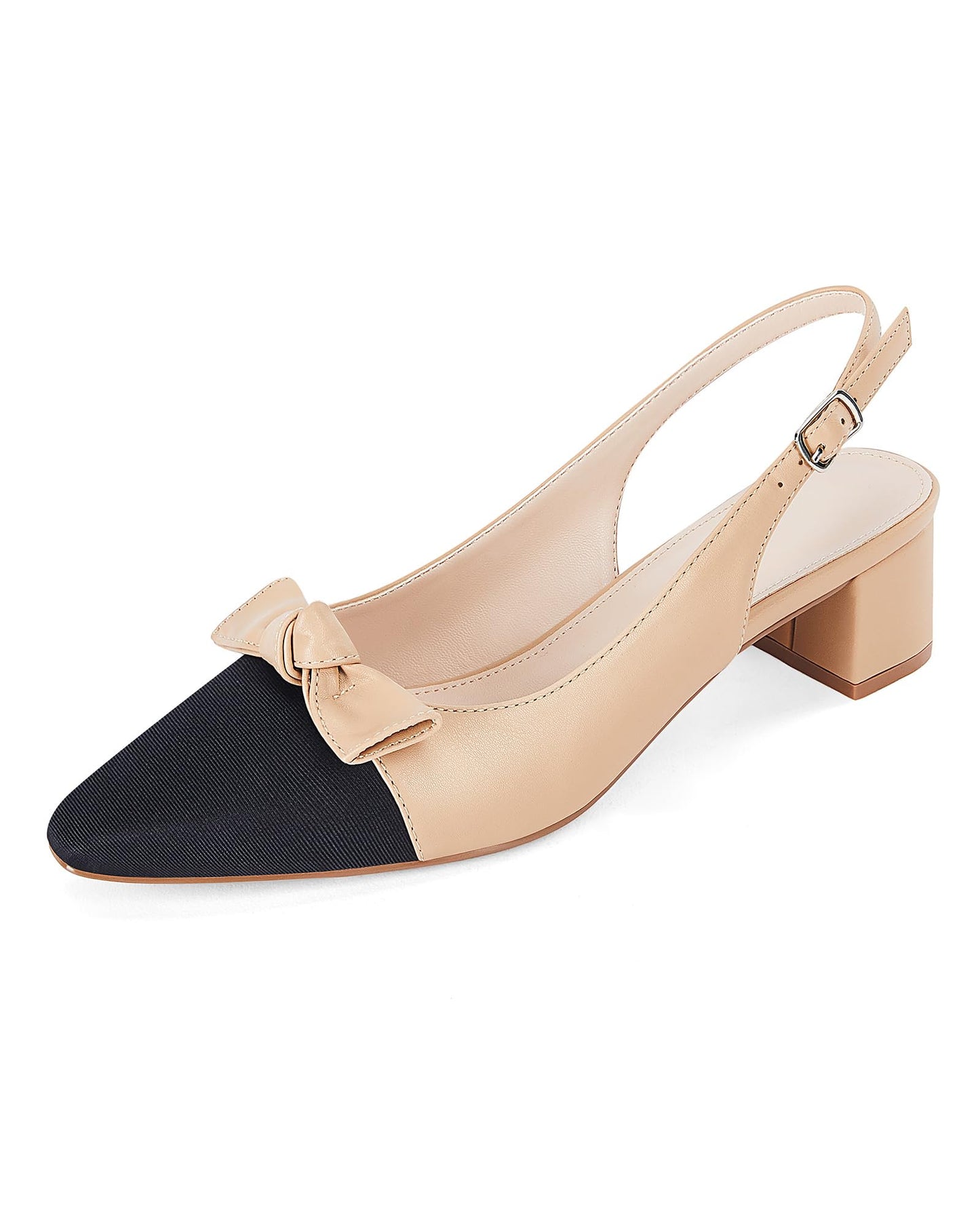 Coutgo Womens Chunky Slingback Bow Heels Low Heel Dress Shoes Pointed Toe Sexy Splicing Casual Wedding Pumps