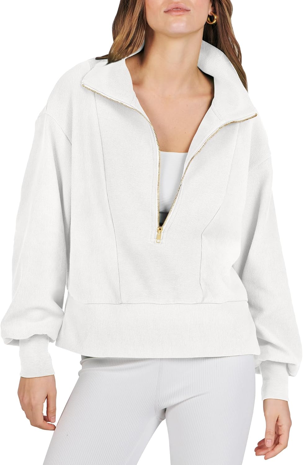 ANRABESS Women Half Zip Cropped Sweatshirt Casual Fleece Quarter Zip Hoodies Knit Pullover Top 2024 Fall Outfits Clothes White 1050baise-M