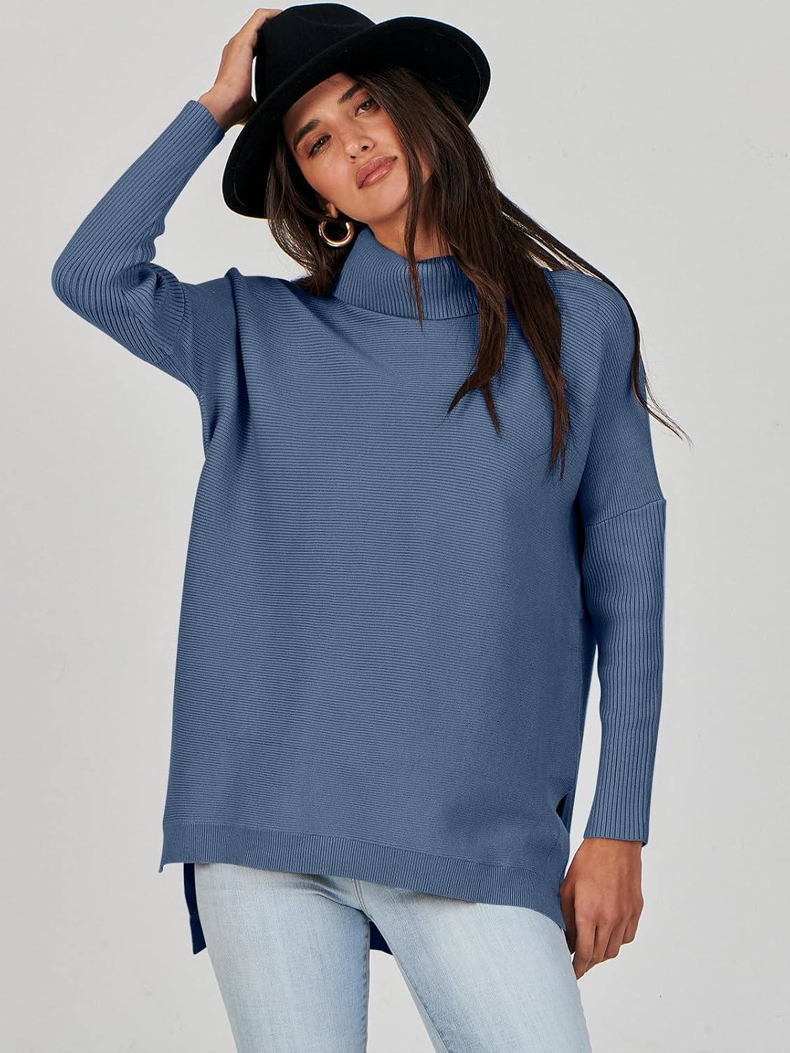 Caracilia Women's Turtleneck Oversized Sweaters 2024 Fall Long Batwing Sleeve Spilt Hem Tunic Pullover Sweater Knit Tops