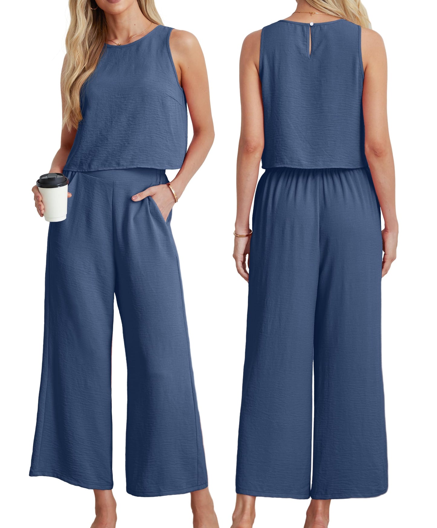 IWOLLENCE Women's Summer 2 Piece Outfits Set Round neck Sleeveless Tank Crop Top Wide Leg pants Set Pockets Jumpsuits