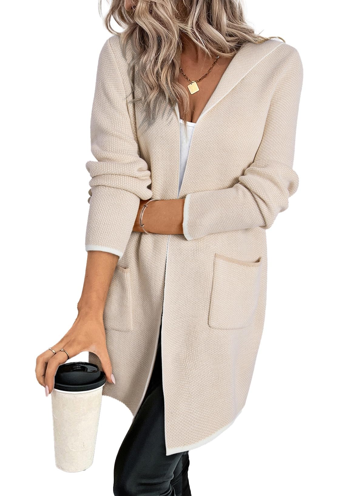 Sidefeel Women's 2024 Fall Long Sleeve Open Front Contrast Cardigan Sweaters Oversized Chunky Knit Hooded Sweaters Coat
