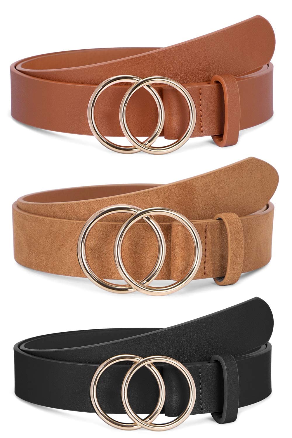 SANSTHS 2 Pack Women Leather Belts Faux Leather Jeans Belt with Double O-Ring Buckle Size up to 58 inch