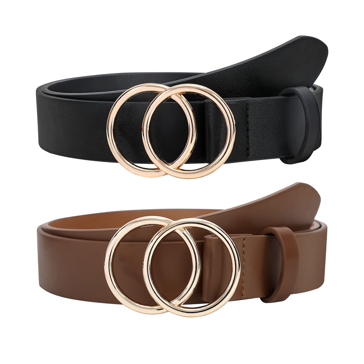 SANSTHS 2 Pack Women Leather Belts Faux Leather Jeans Belt with Double O-Ring Buckle Size up to 58 inch
