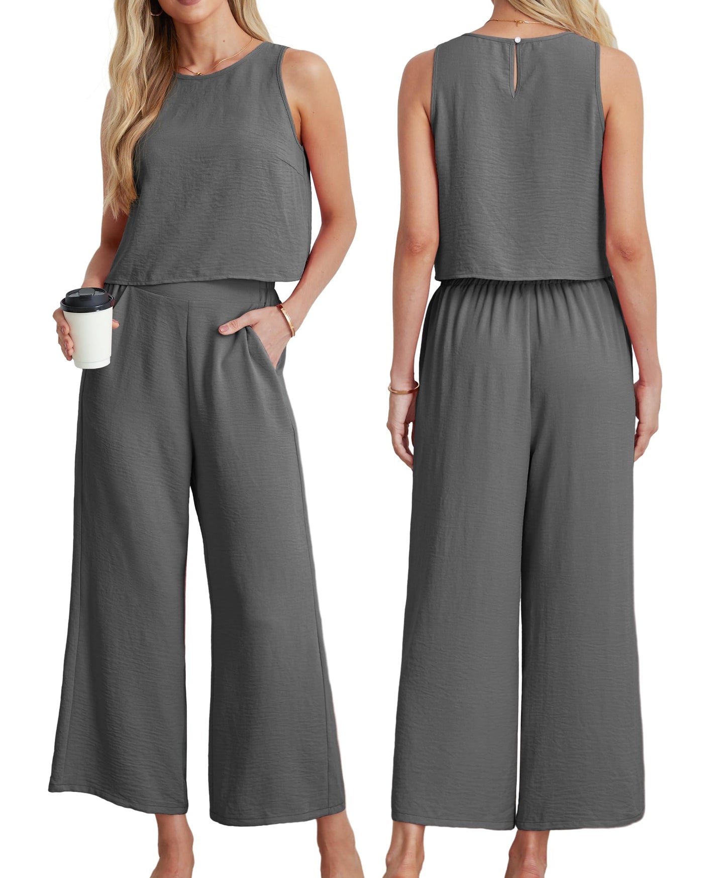 IWOLLENCE Women's Summer 2 Piece Outfits Set Round neck Sleeveless Tank Crop Top Wide Leg pants Set Pockets Jumpsuits