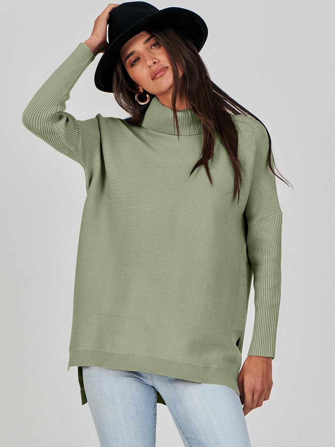 Caracilia Women's Turtleneck Oversized Sweaters 2024 Fall Long Batwing Sleeve Spilt Hem Tunic Pullover Sweater Knit Tops