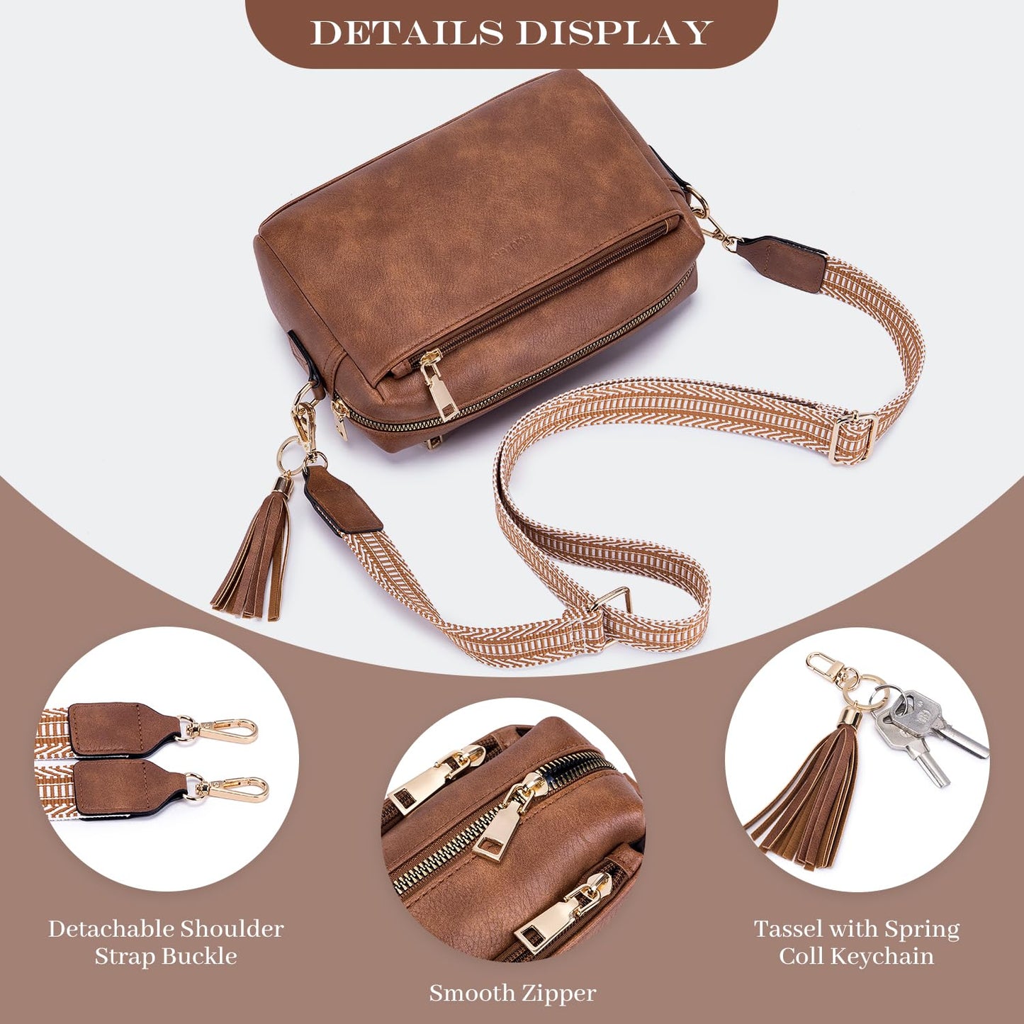 Triple Zip Small Crossbody Bag for women,Wide Strap Cell Phone Purse Shoulder Handbag Wallet with Credit Card Slots