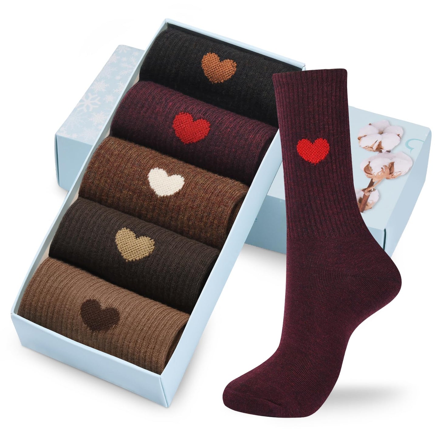 Corlap Women's Crew Calf Cotton Socks Long Fun Cute Heart Soft Dress Socks,Above Ankle High Casual Socks(5Pairs Gifts Box)