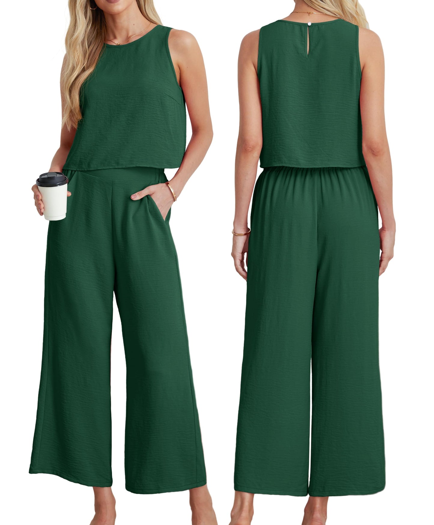 IWOLLENCE Women's Summer 2 Piece Outfits Set Round neck Sleeveless Tank Crop Top Wide Leg pants Set Pockets Jumpsuits