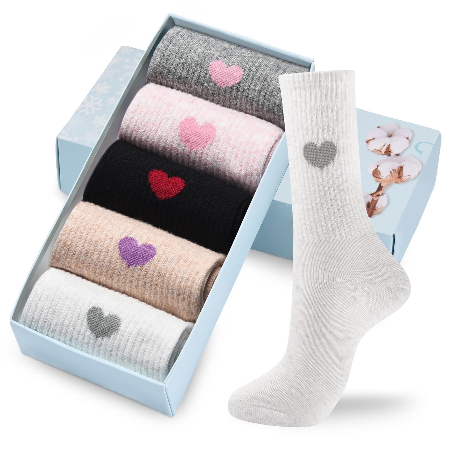 Corlap Women's Crew Calf Cotton Socks Long Fun Cute Heart Soft Dress Socks,Above Ankle High Casual Socks(5Pairs Gifts Box)