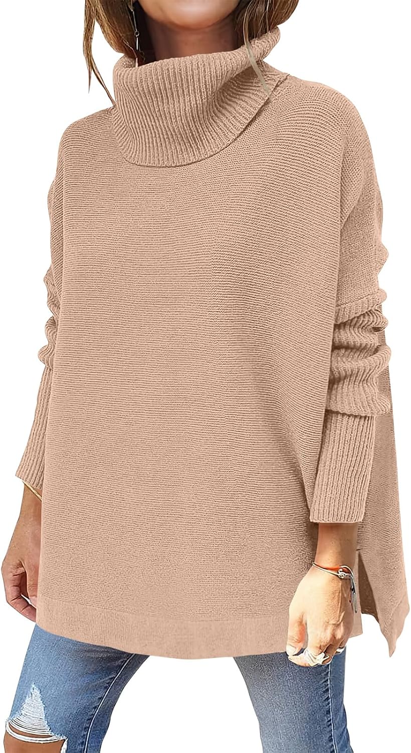 Caracilia Women's Turtleneck Oversized Sweaters 2024 Fall Long Batwing Sleeve Spilt Hem Tunic Pullover Sweater Knit Tops