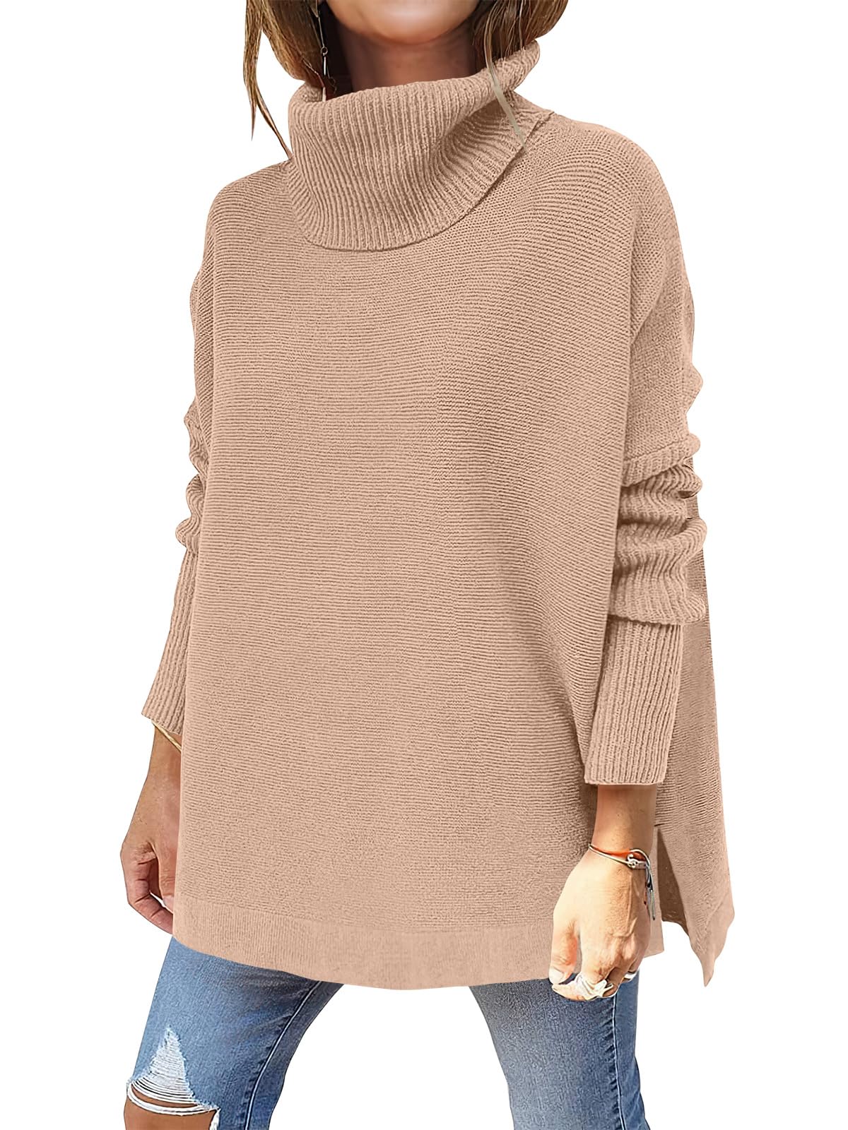 Caracilia Women's Turtleneck Oversized Sweaters 2024 Fall Long Batwing Sleeve Spilt Hem Tunic Pullover Sweater Knit Tops