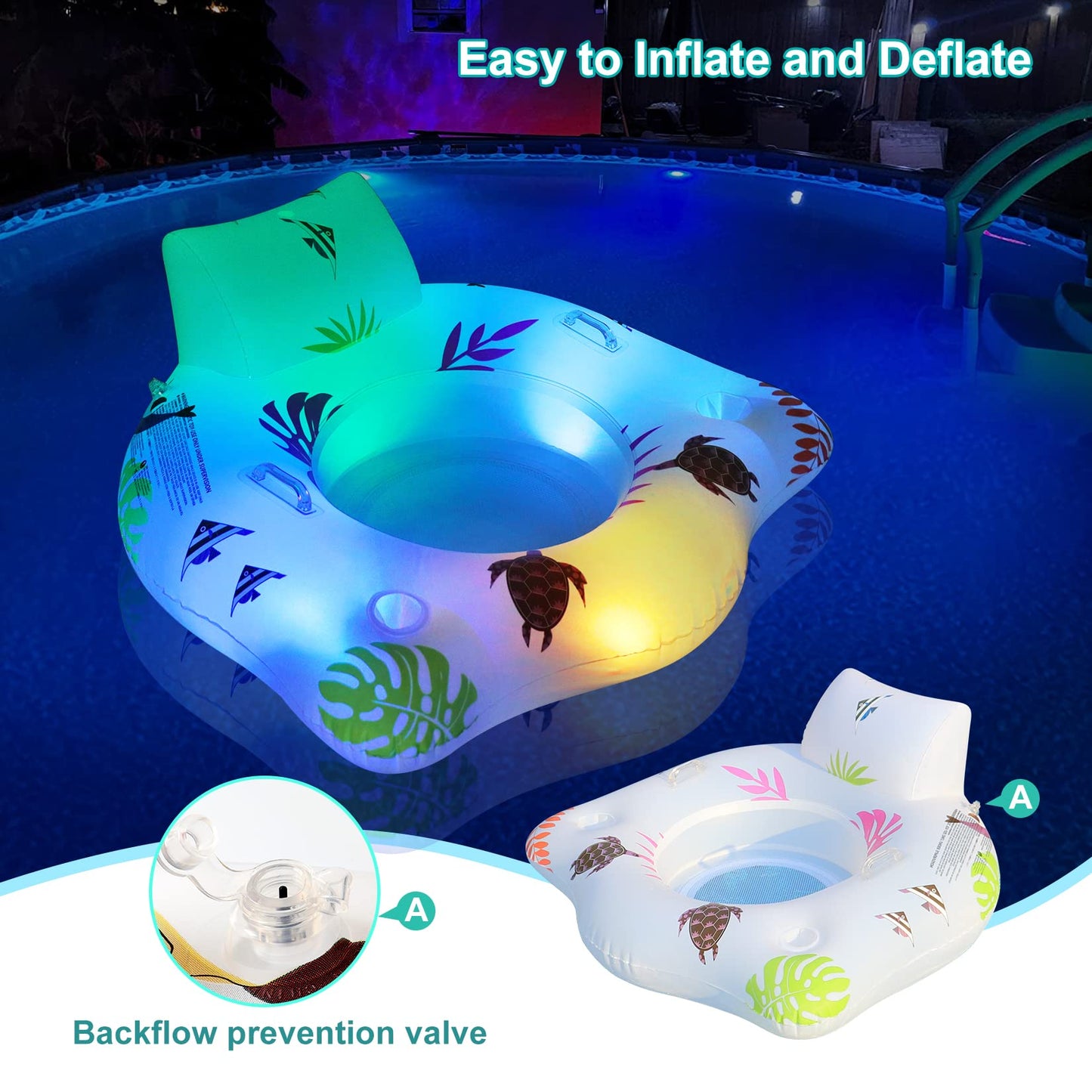 Inflatable Pool Floats Chair with Color Changing Light, Solar Powered Water Floats for Adults with 2 Cup Holders & 2 Armrests, Beach Float Pool Sofa, Pool Raft Lounge Pool Floaties for Adult