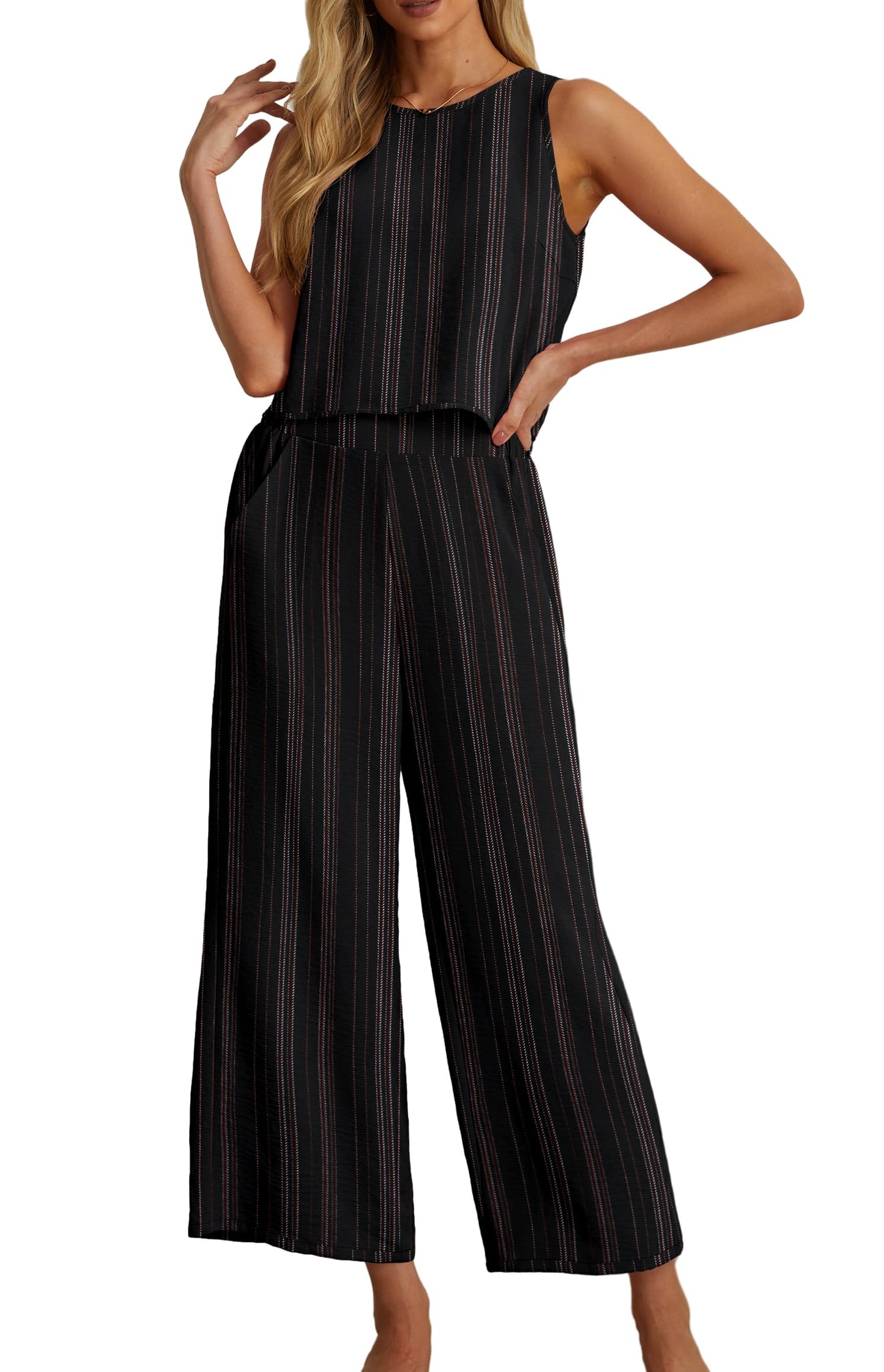 IWOLLENCE Women's Summer 2 Piece Outfits Set Round neck Sleeveless Tank Crop Top Wide Leg pants Set Pockets Jumpsuits