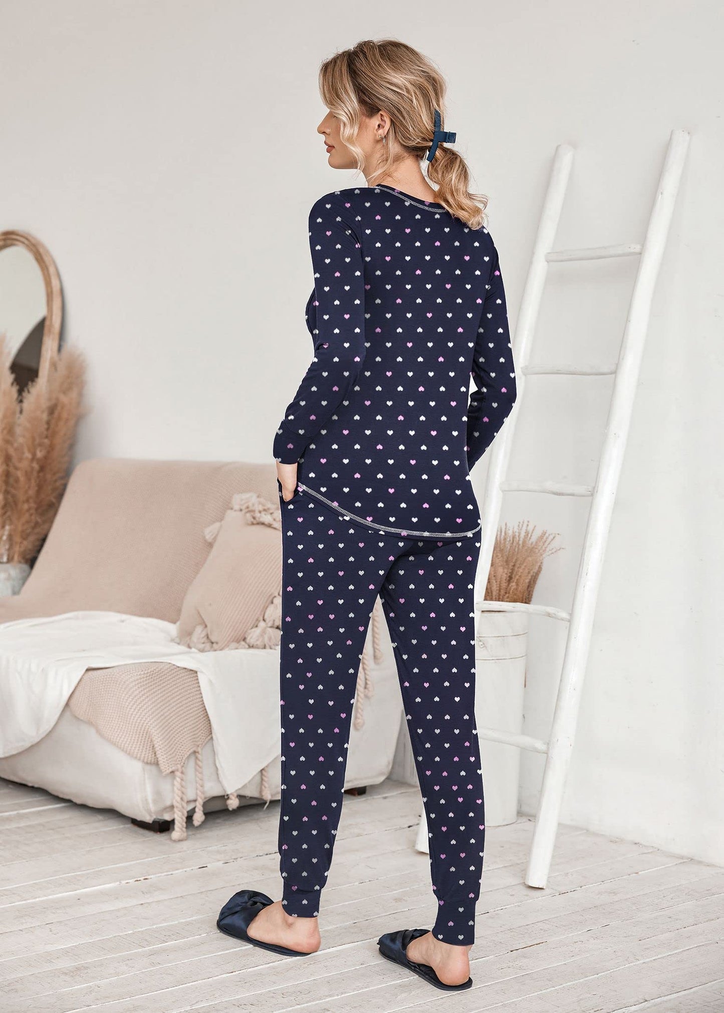 Ekouaer Pajamas Women's Long Sleeve Pj Set Soft 2 Piece Loungewear Sleepwear with Jogger Pants XS-3XL