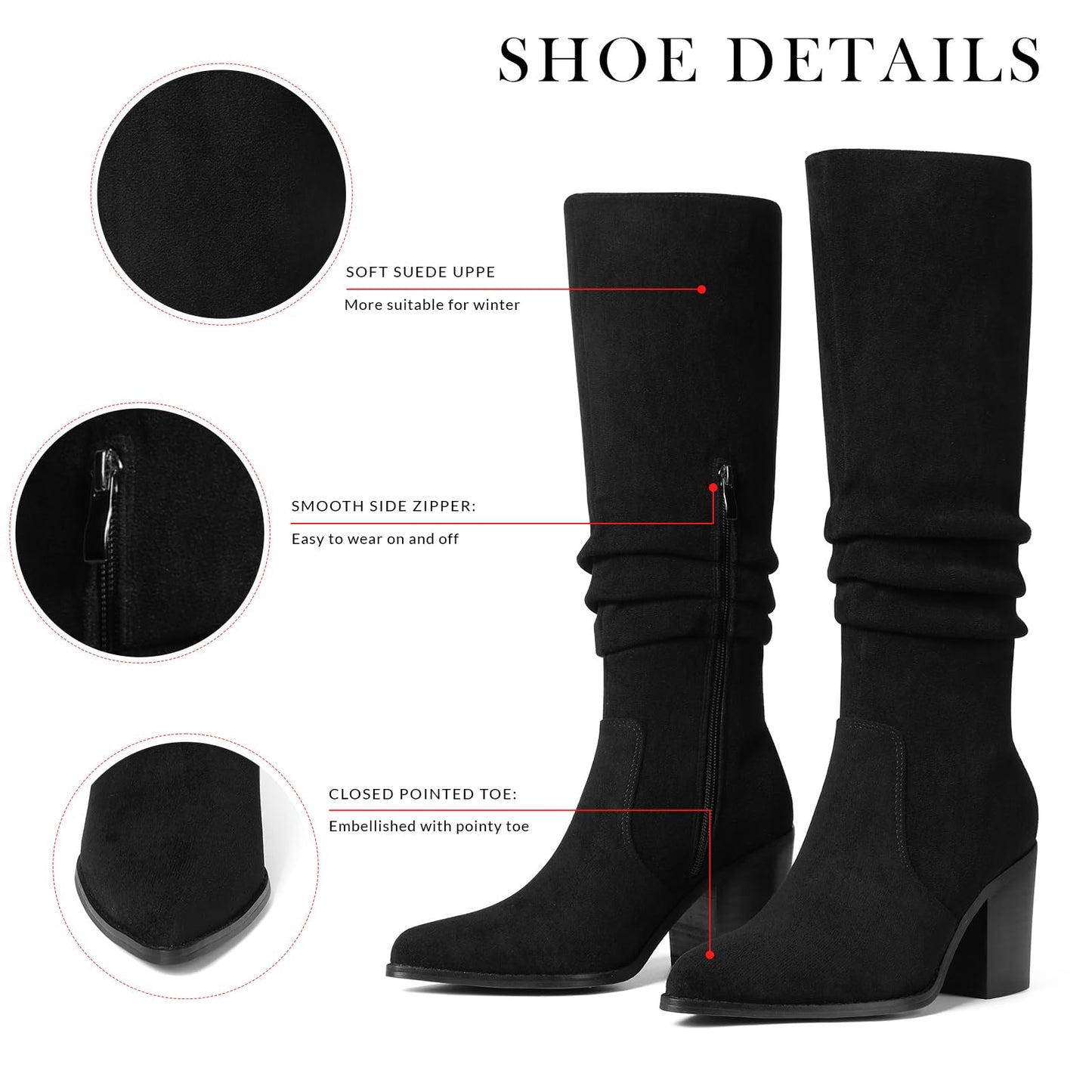 VOMIRA Knee High Boots Women Suede Boots Pointy Toe Chunky Block Heels Side Zipper Wide Calf Boots Fashion Dress Tall Boots Fall Winter Long Boots