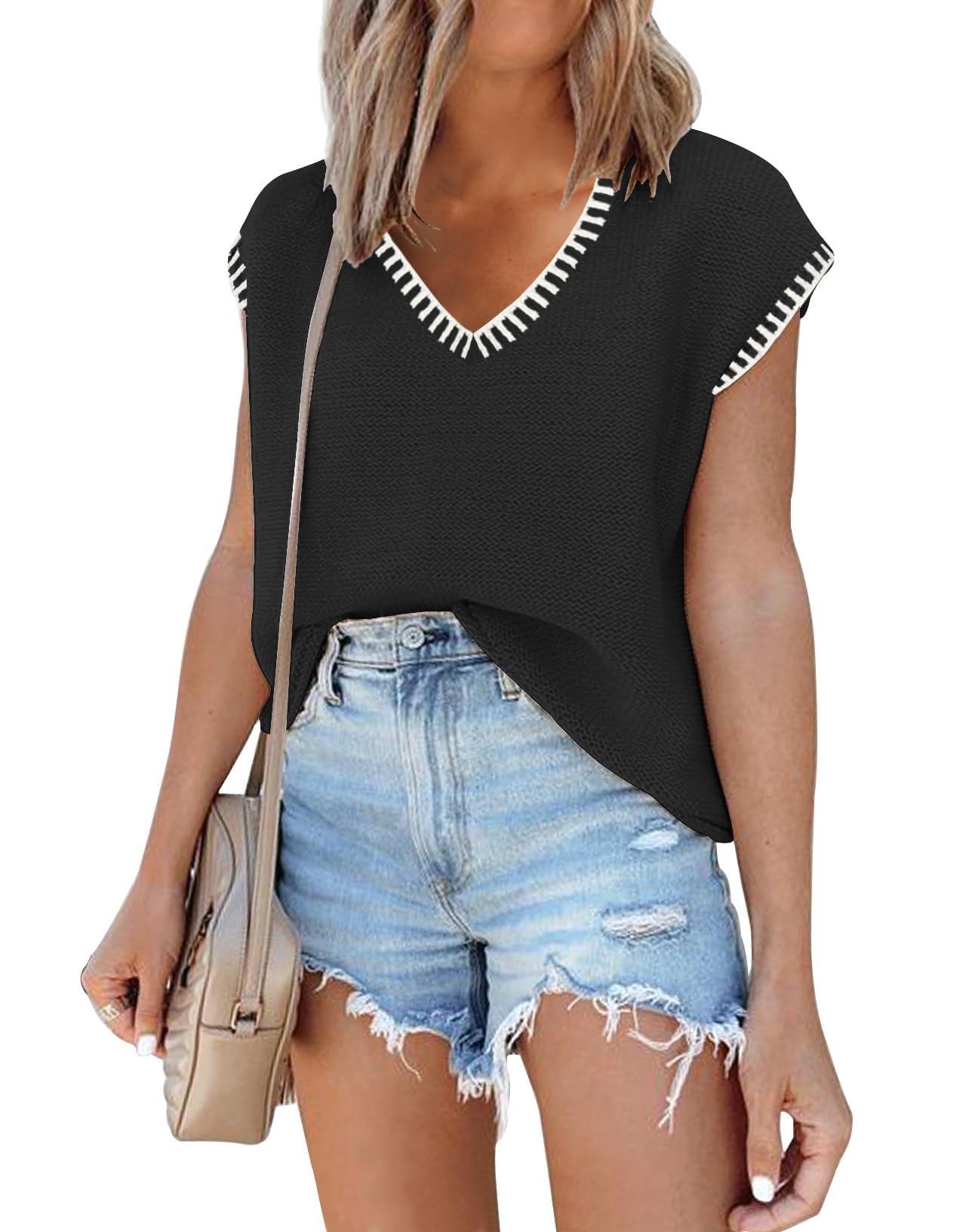 SAUKOLE Women's Sleeveless Sweater Vest Casual V Neck Cap Sleeve Knit Pullover Tank Tops 2024 Spring Clothes