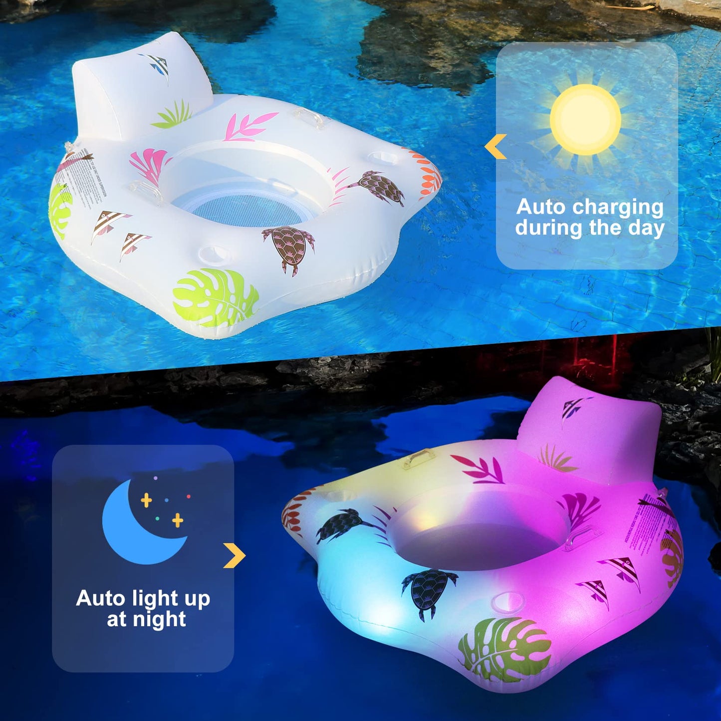 Inflatable Pool Floats Chair with Color Changing Light, Solar Powered Water Floats for Adults with 2 Cup Holders & 2 Armrests, Beach Float Pool Sofa, Pool Raft Lounge Pool Floaties for Adult