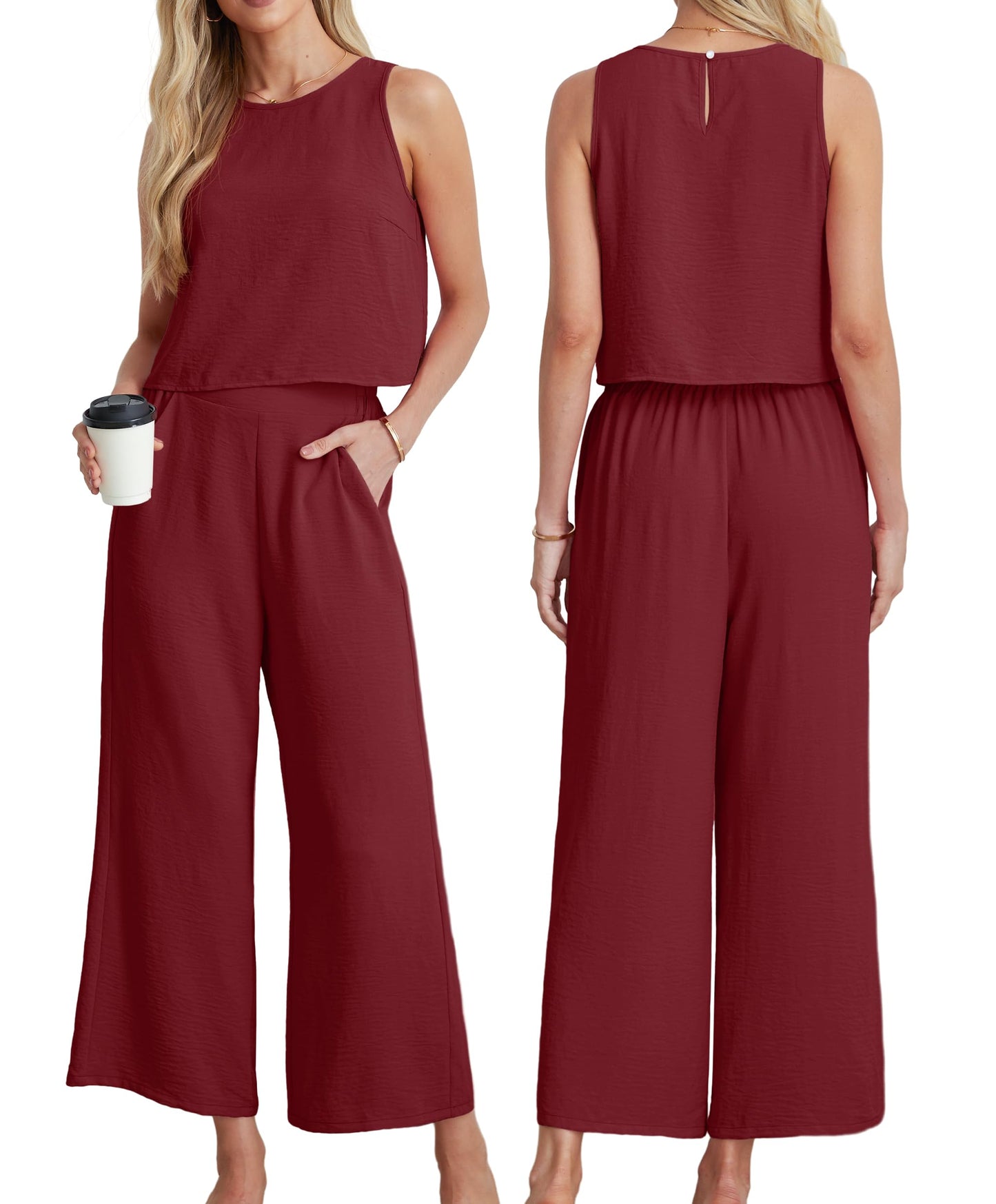 IWOLLENCE Women's Summer 2 Piece Outfits Set Round neck Sleeveless Tank Crop Top Wide Leg pants Set Pockets Jumpsuits