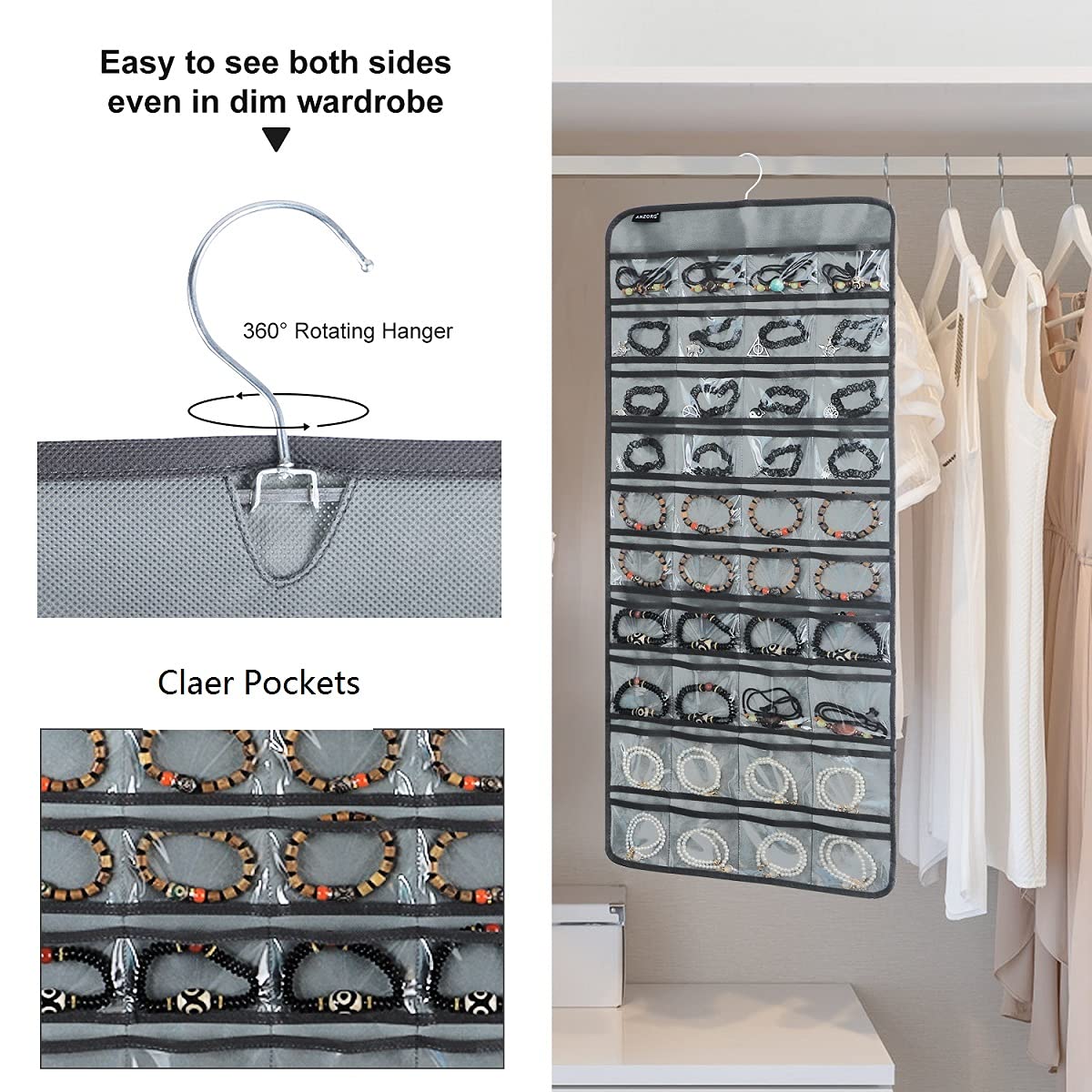 Dual-sided Hanging Jewelry Organizer with 40 Pockets and 20 Hook Loops Necklace Holder Jewelries Organizer for Earrings Bracelets Rings with 360 Degree Rotating Hanger (40 Pockets and 20 Hook Loops-Grey)