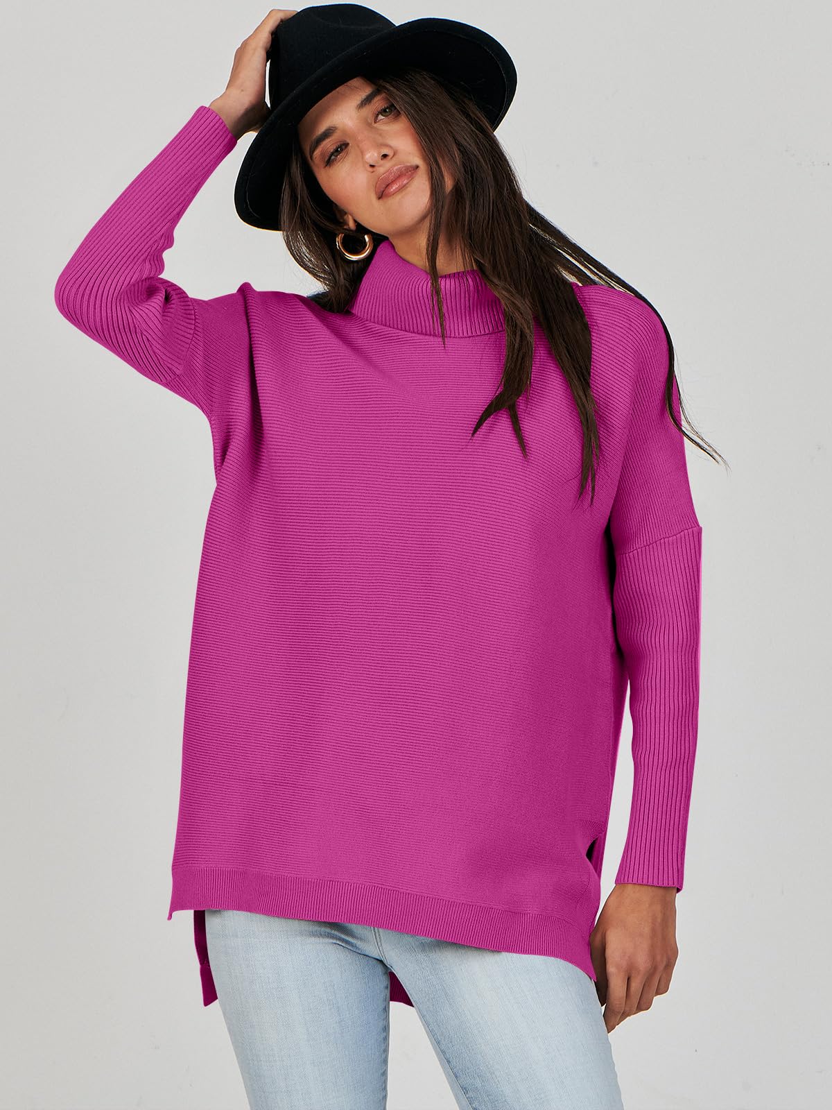 Caracilia Women's Turtleneck Oversized Sweaters 2024 Fall Long Batwing Sleeve Spilt Hem Tunic Pullover Sweater Knit Tops