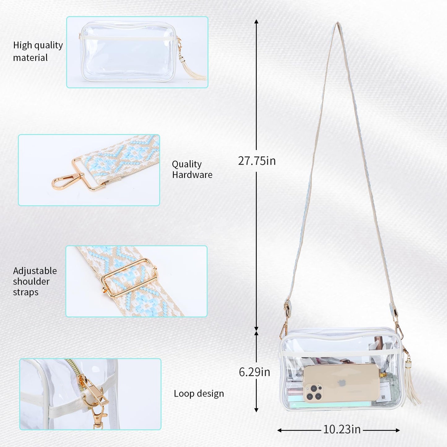 Clear Crossbody Bag Stadium Approved, Clear Purses for Women PVC Clear Stadium Bag Concert Bag with Guitar Strap