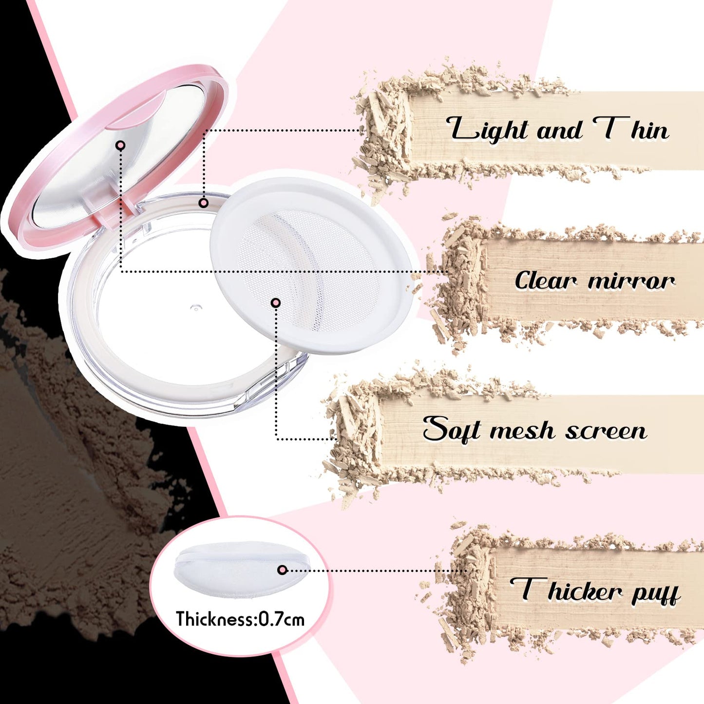 Cunhill 2 Pcs Loose Powder Container with Puff 0.17/0.7 oz Reusable Plastic Empty Powder Case Portable DIY Empty Makeup Powder Container with Mirror and Net Sifter(Pink, Silver)