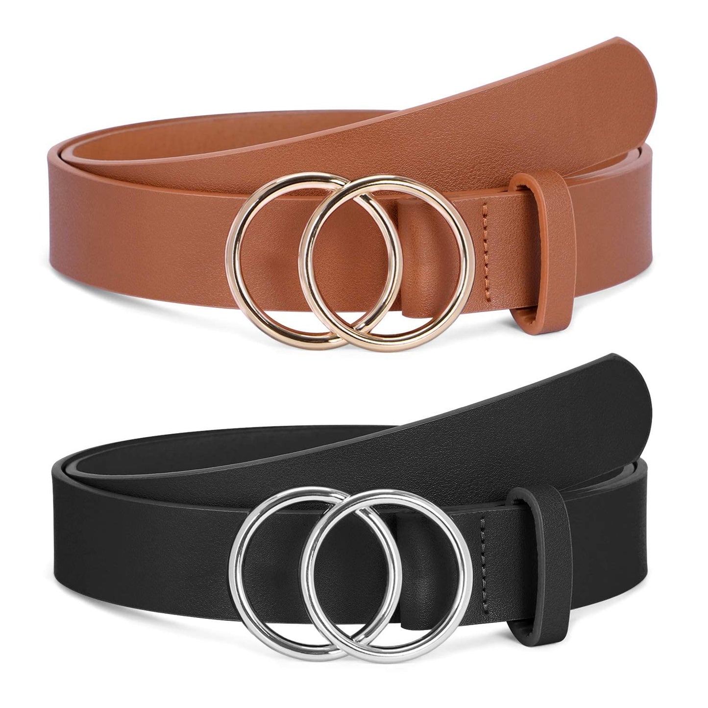 SANSTHS 2 Pack Women Leather Belts Faux Leather Jeans Belt with Double O-Ring Buckle Size up to 58 inch