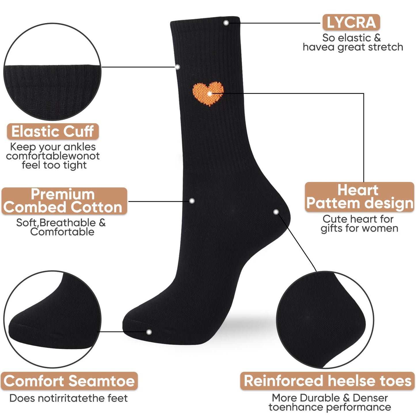 Corlap Women's Crew Calf Cotton Socks Long Fun Cute Heart Soft Dress Socks,Above Ankle High Casual Socks(5Pairs Gifts Box)