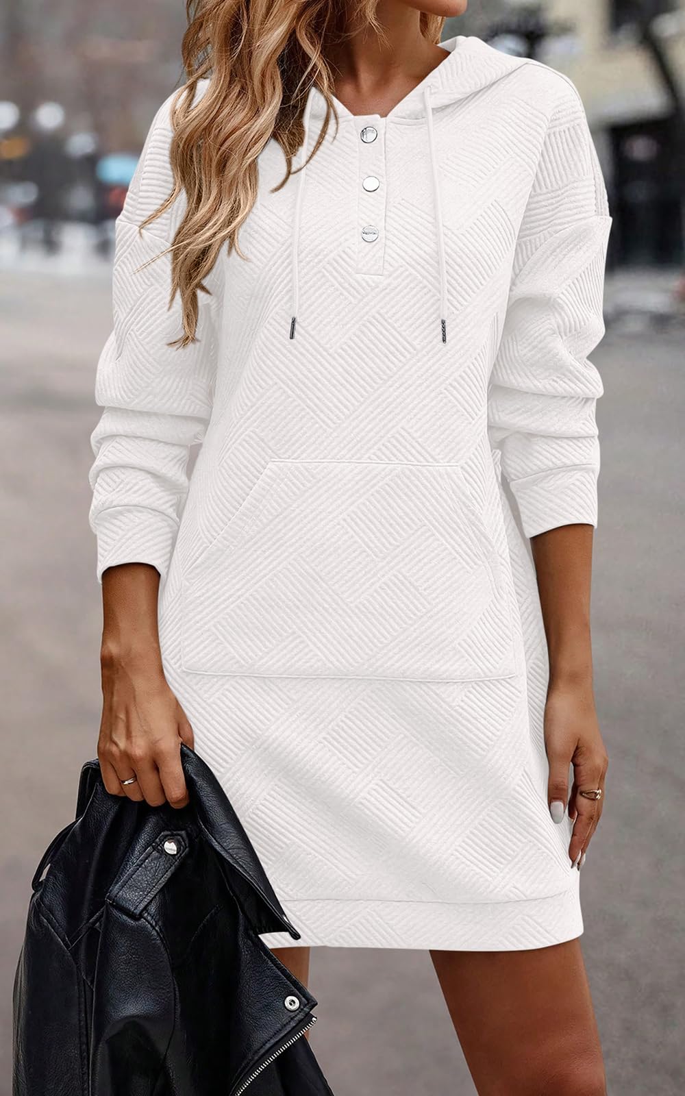 PRETTYGARDEN Long Sleeve Hoodies Dress 2024 Fall Trendy Texture Sweatshirts Outfits Button Hooded Dresses With Pockets