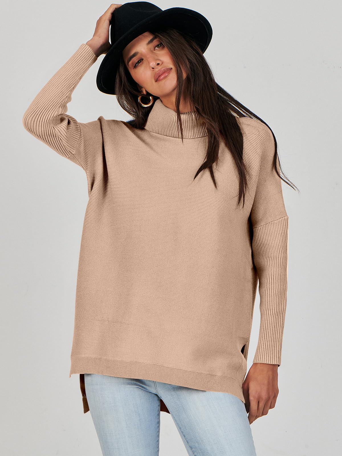 Caracilia Women's Turtleneck Oversized Sweaters 2024 Fall Long Batwing Sleeve Spilt Hem Tunic Pullover Sweater Knit Tops