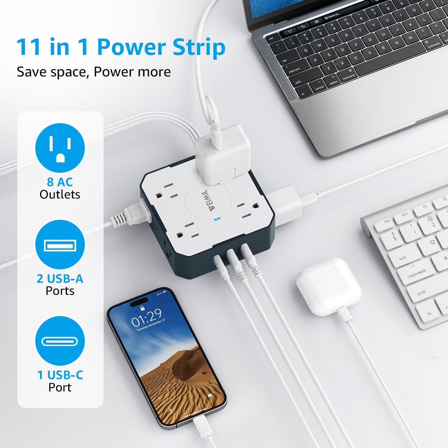 Flat Plug Power Strip, WEIMIL 5Ft Ultra Thin Flat Extension Cord, 8 Widely Outlets, 3 USB Ports(1 USB C), Wall Mount, Compact Power Strip Surge Protector for Travel Home Office Dorm Room