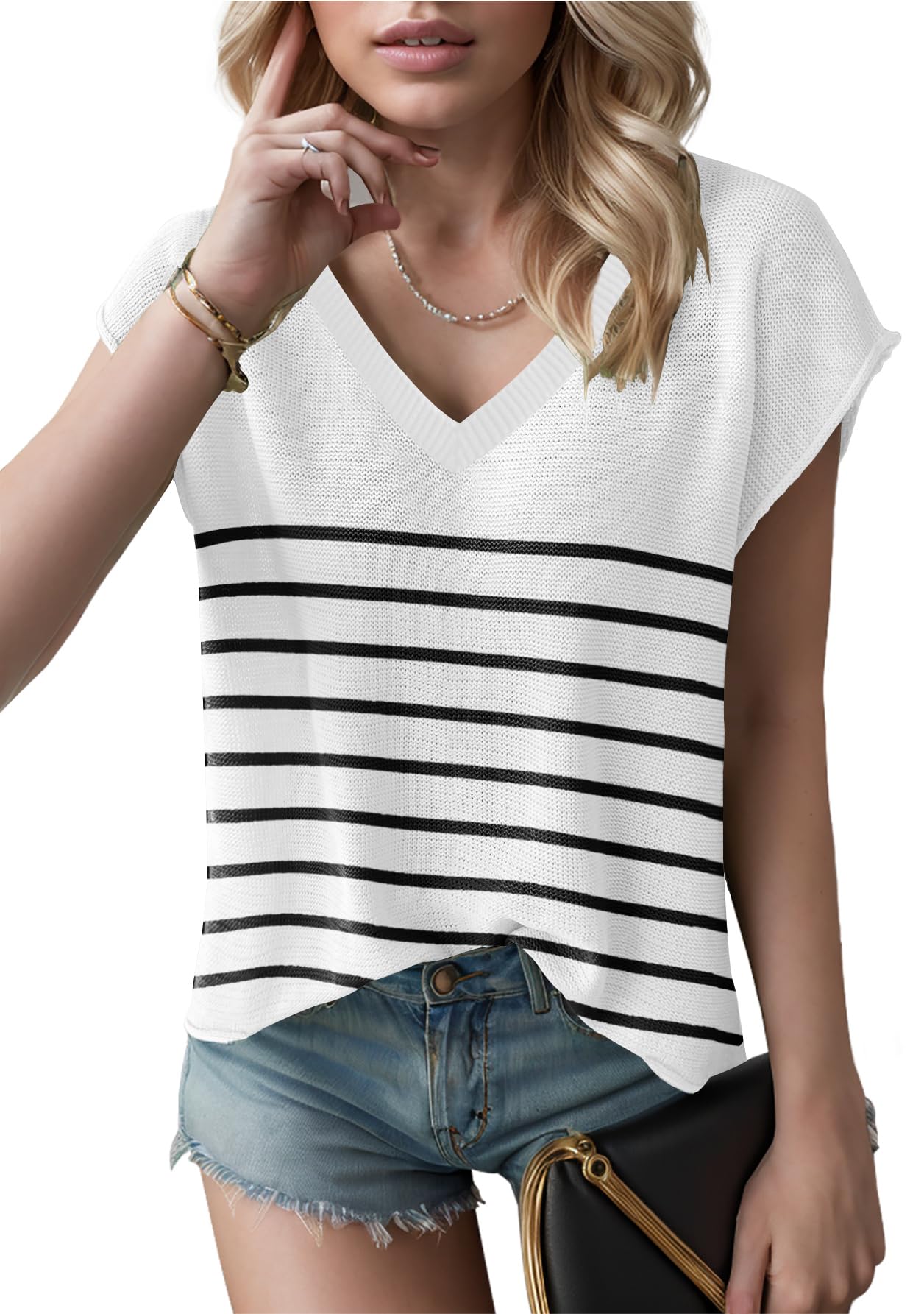 SAUKOLE Women's Sleeveless Sweater Vest Casual V Neck Cap Sleeve Knit Pullover Tank Tops 2024 Spring Clothes