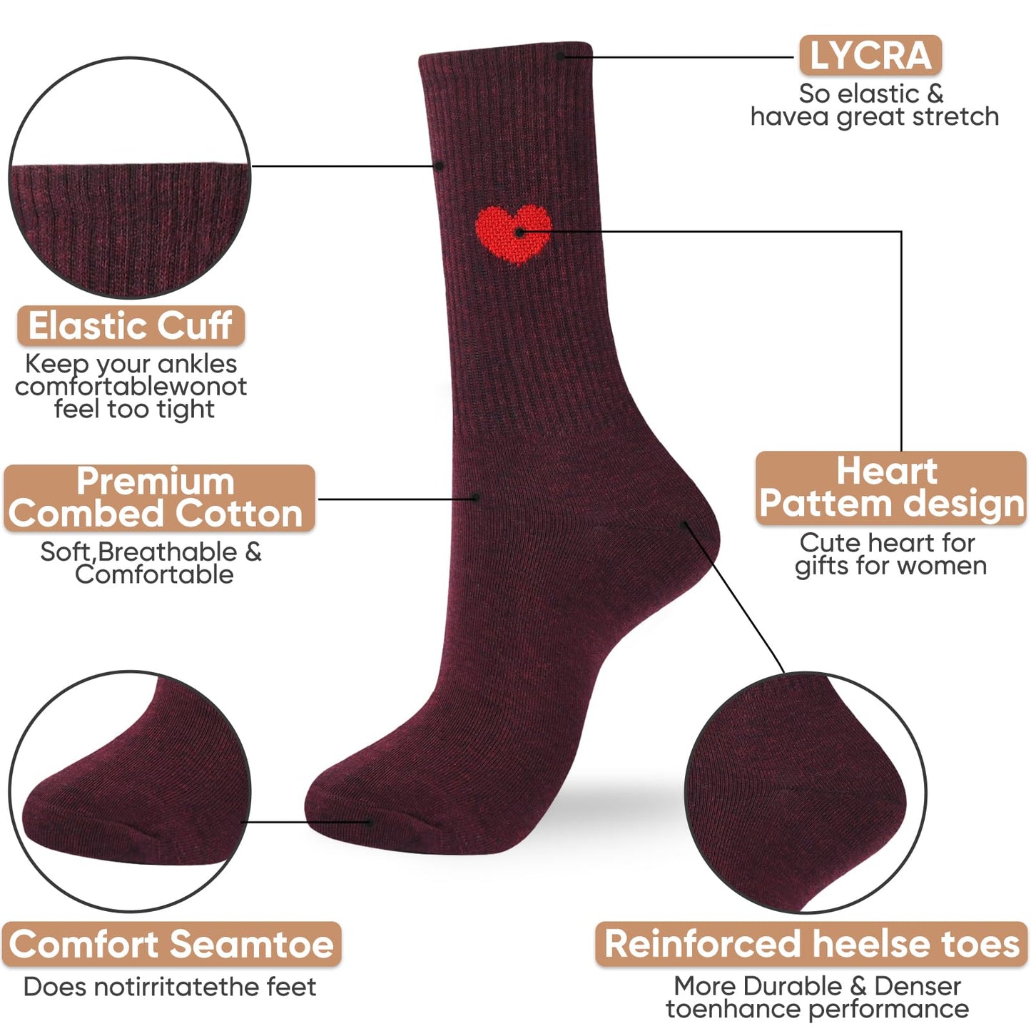 Corlap Women's Crew Calf Cotton Socks Long Fun Cute Heart Soft Dress Socks,Above Ankle High Casual Socks(5Pairs Gifts Box)