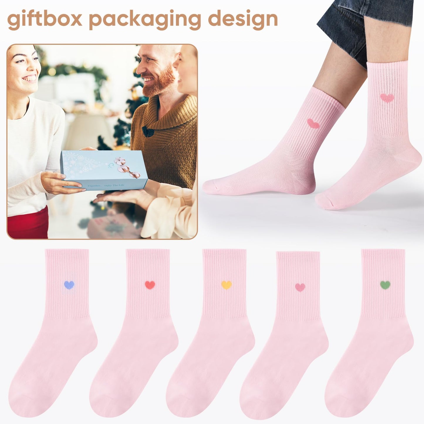 Corlap Women's Crew Calf Cotton Socks Long Fun Cute Heart Soft Dress Socks,Above Ankle High Casual Socks(5Pairs Gifts Box)