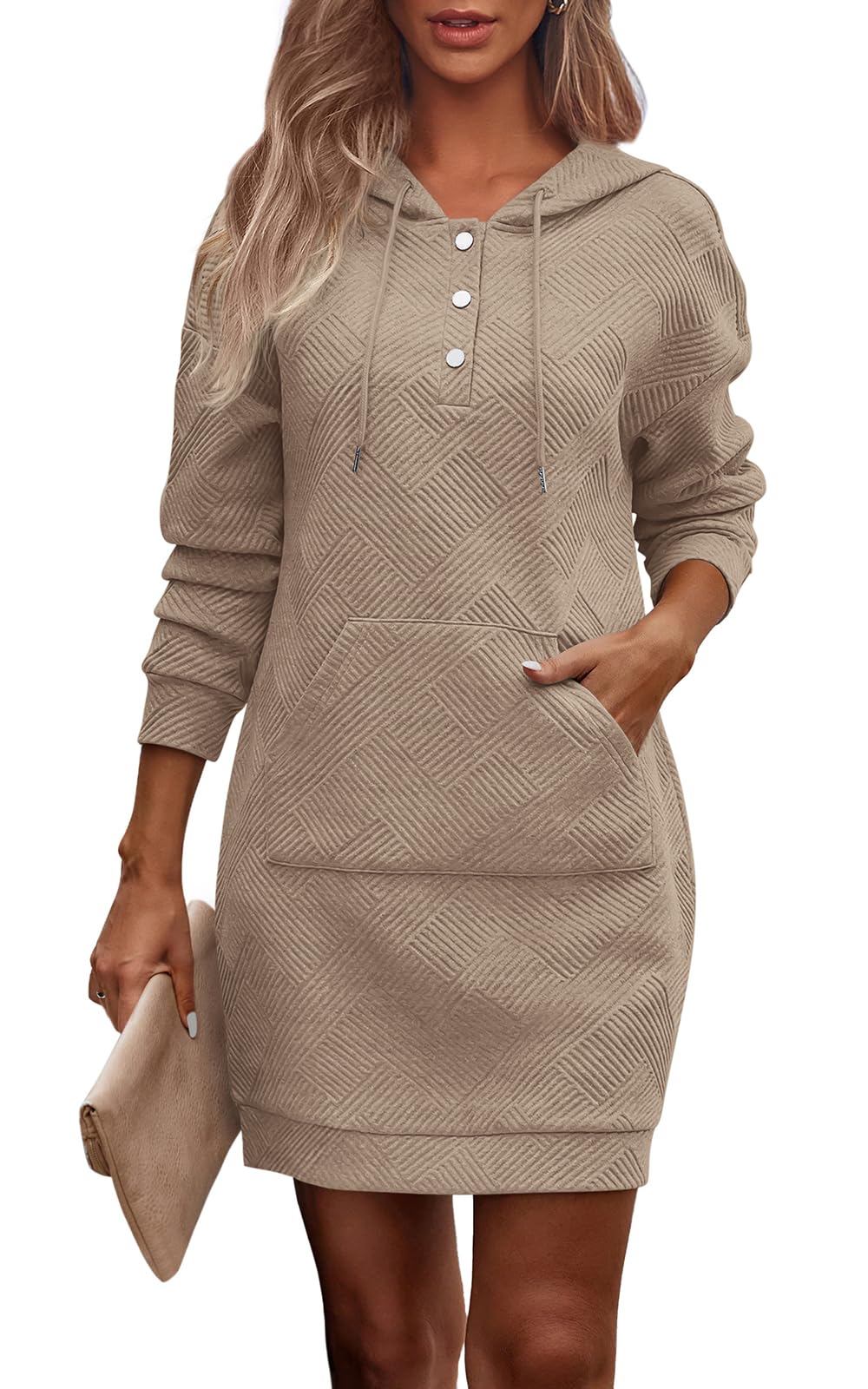 PRETTYGARDEN Long Sleeve Hoodies Dress 2024 Fall Trendy Texture Sweatshirts Outfits Button Hooded Dresses With Pockets