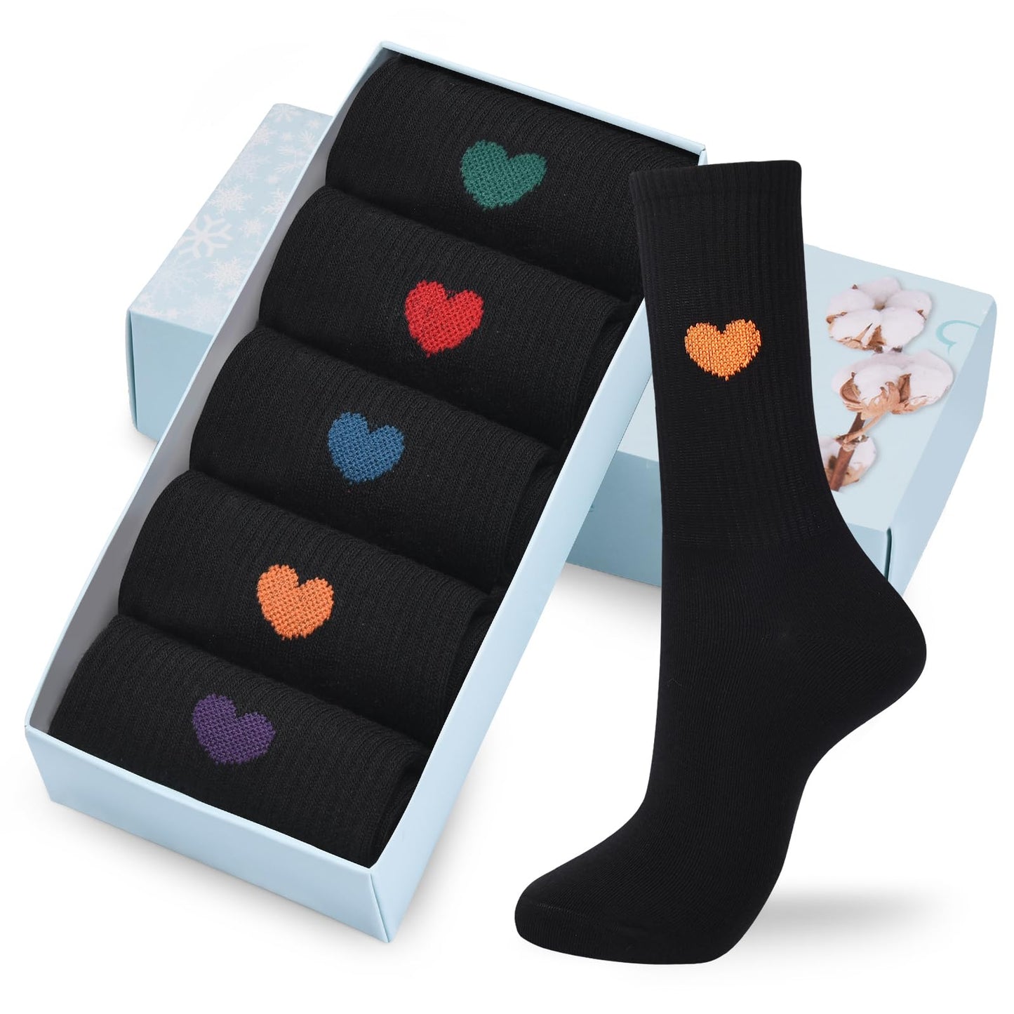 Corlap Women's Crew Calf Cotton Socks Long Fun Cute Heart Soft Dress Socks,Above Ankle High Casual Socks(5Pairs Gifts Box)