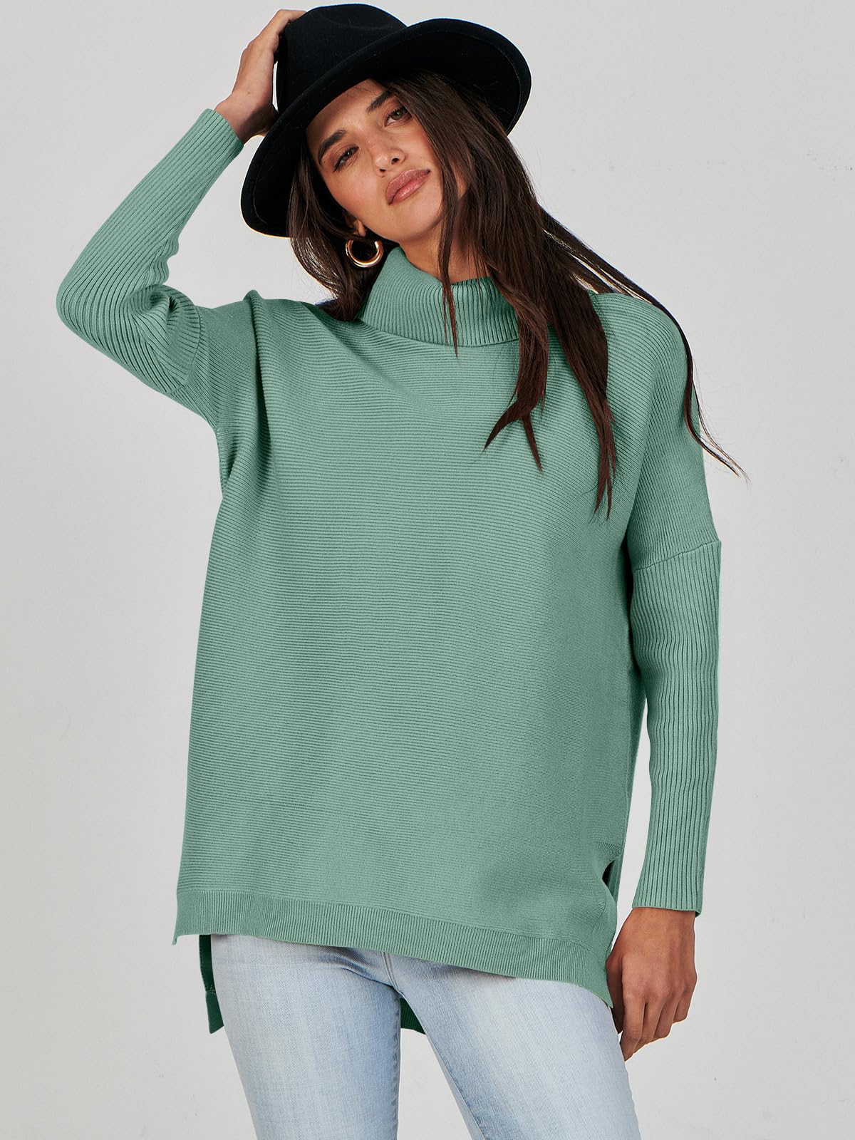 Caracilia Women's Turtleneck Oversized Sweaters 2024 Fall Long Batwing Sleeve Spilt Hem Tunic Pullover Sweater Knit Tops