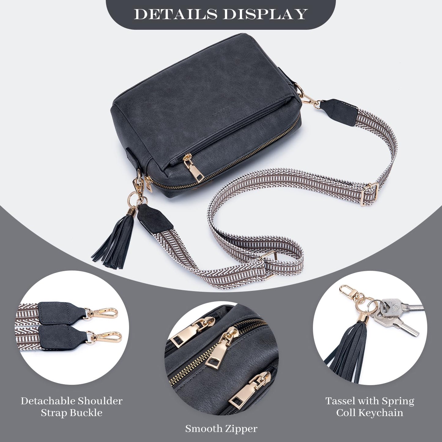 Triple Zip Small Crossbody Bag for women,Wide Strap Cell Phone Purse Shoulder Handbag Wallet with Credit Card Slots