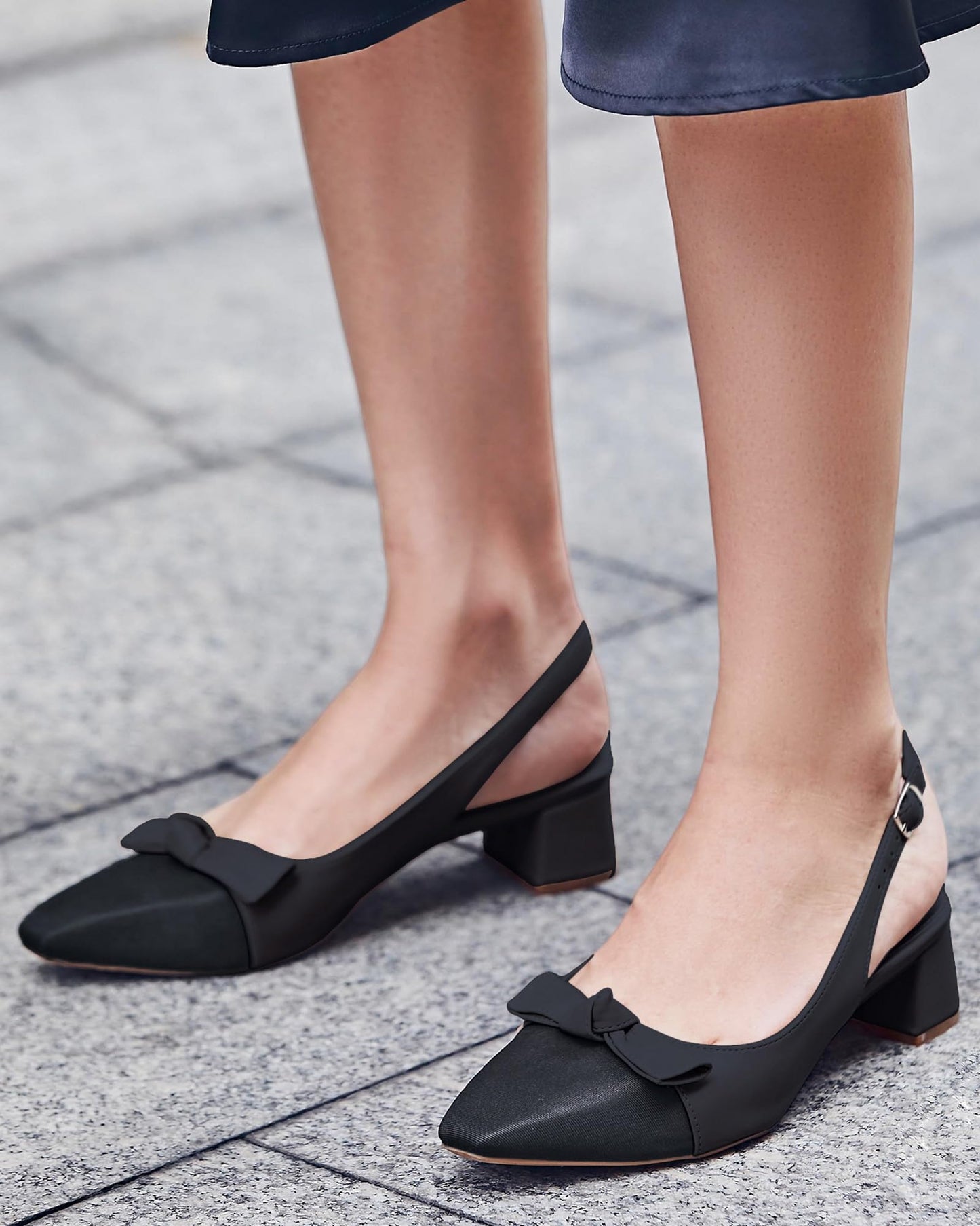 Coutgo Womens Chunky Slingback Bow Heels Low Heel Dress Shoes Pointed Toe Sexy Splicing Casual Wedding Pumps