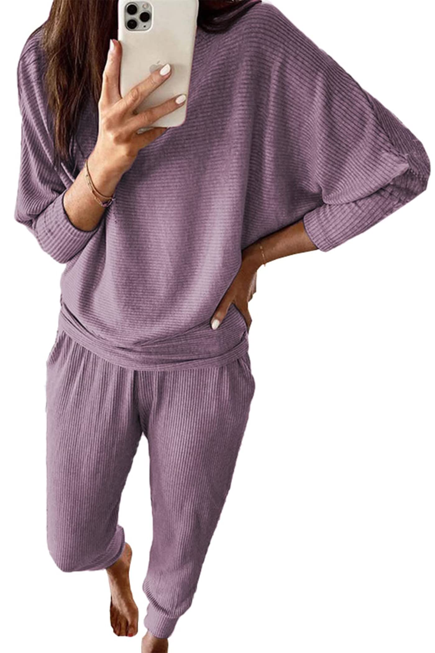 PRETTYGARDEN Women's Fall Fashion Outfits 2 Piece Sweatsuit Solid Color Long Sleeve Pullover Long Pants Lounge Set