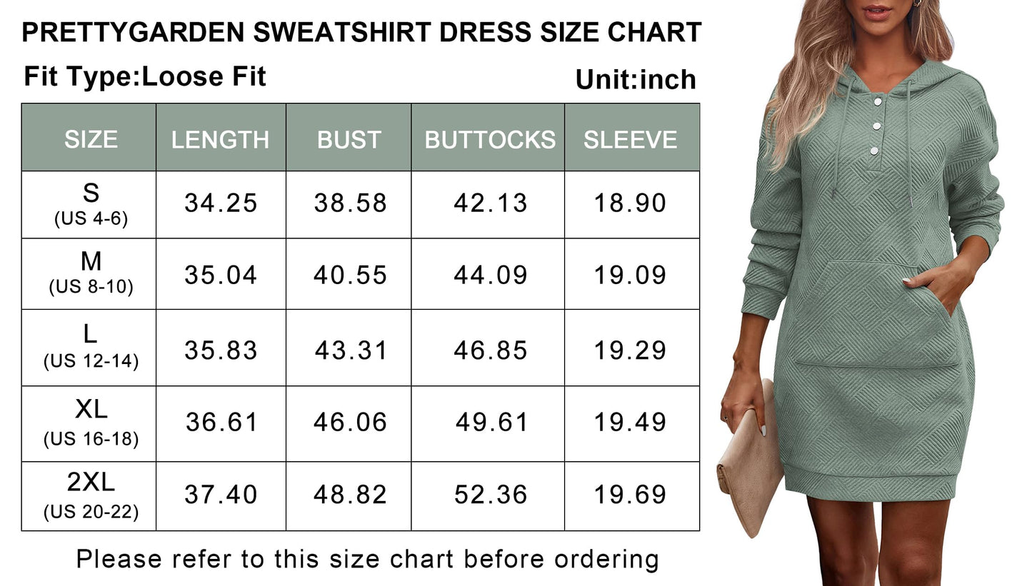 PRETTYGARDEN Long Sleeve Hoodies Dress 2024 Fall Trendy Texture Sweatshirts Outfits Button Hooded Dresses With Pockets