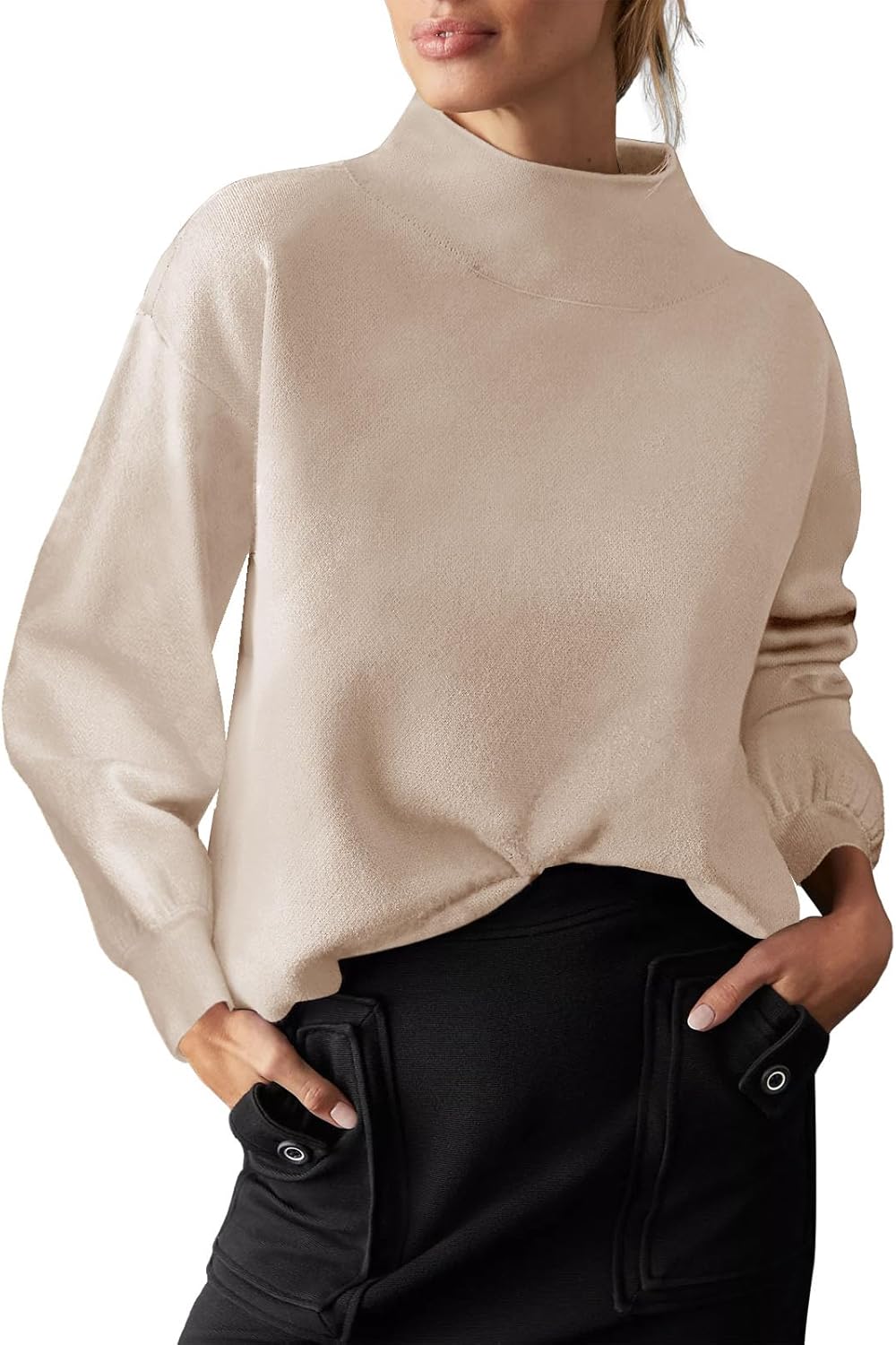 Womens Long Sleeve Sweater Loose Casual Turtleneck Soft Knitted Outwear Solid Knit Pullover Top