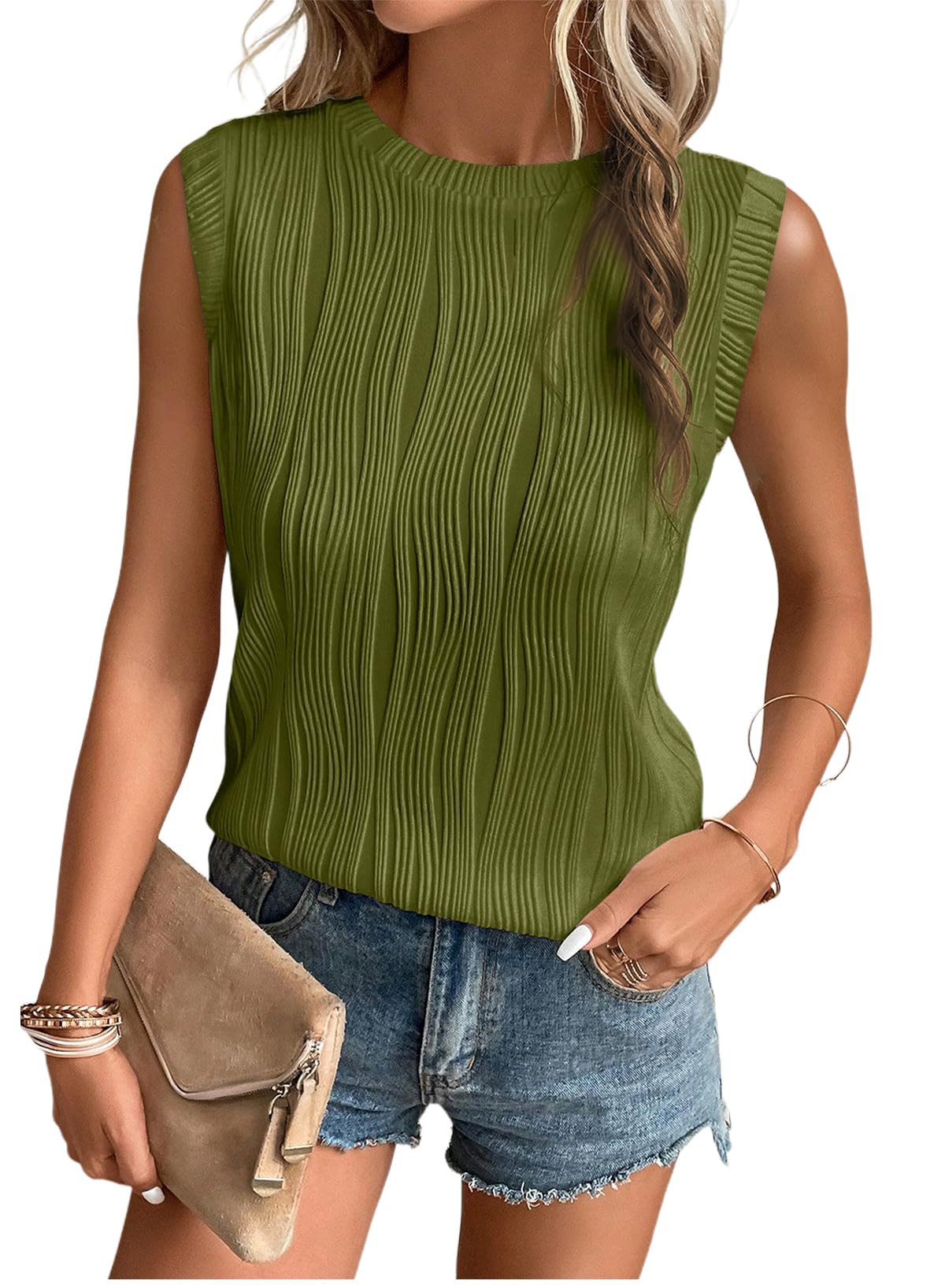 EVALESS Womens Summer Tank Tops Crewneck Sleeveless Wavy Textured Basic Top T Shirts Tee Blouses